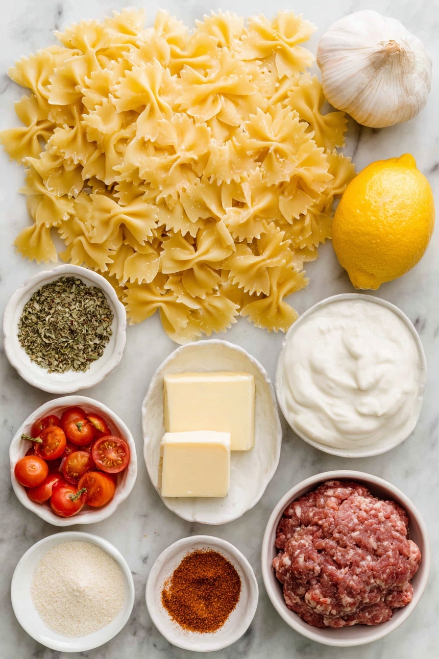 Flat lay of farfalle pasta uncooked, a whole medium yellow onion, a small pile of raw ground beef, two whole brown garlic bulbs, a whole fresh lemon, a small bowl of plain Greek yogurt, a small white bowl of red pepper paste, a small white bowl of sweet paprika powder, a small white bowl of ground cumin powder, a small white bowl of onion powder, a small white bowl of red pepper flakes, a small white bowl of kosher salt, a small white bowl of ground black pepper, a small white bowl of unsalted butter slabs, halved fresh cherry tomatoes, a small bunch of fresh parsley sprigs, a small white bowl of dried mint leaves, a small white bowl of sumac powder placed on a clean white marble surface, soft natural light, photo taken with an iPhone, professional food photography style, fresh ingredients, white ceramic bowls, no bottles, no duplicates, no utensils, no packaging --ar 2:3 --v 7 --p m7354615311229779997