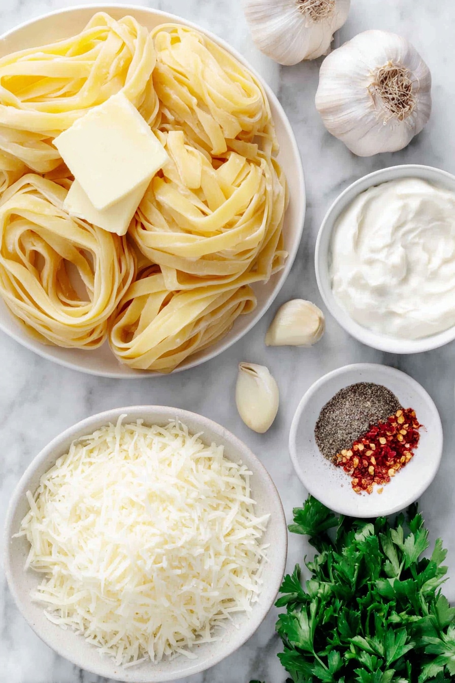 Flat lay of a small nest of fresh uncooked fettuccine pasta, two tablespoons of gleaming unsalted butter on a white ceramic plate, three whole peeled garlic cloves, a small white bowl filled with creamy plain whole milk Greek yogurt, another small white bowl heaped with shredded pale parmesan cheese, a small white bowl containing coarse kosher salt crystals, a tiny white bowl holding ground black pepper, a bunch of vibrant green roughly chopped parsley leaves, and a pinch of bright red pepper flakes in a white ceramic bowl, all arranged with perfect symmetry, placed on a clean white marble surface, soft natural light, photo taken with an iPhone, professional food photography style, fresh ingredients, white ceramic bowls, no bottles, no duplicates, no utensils, no packaging --ar 2:3 --v 7 --p m7354615311229779997