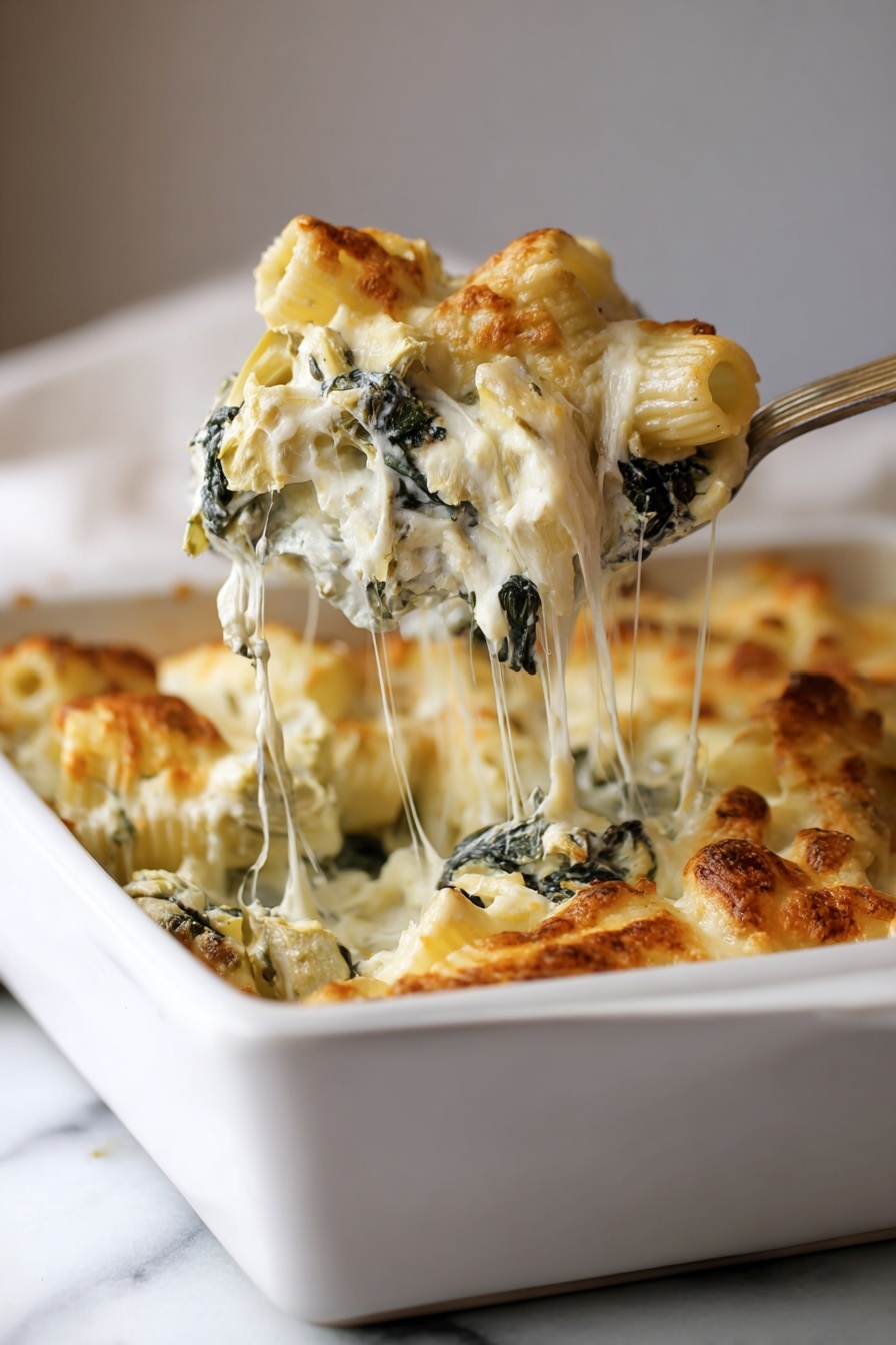 The image shows a close-up of a white rectangular casserole dish filled with a baked pasta dish. The top layer is golden brown, melted cheese that is bubbly and slightly crispy around the edges. Below the cheese, there are ridged pasta pieces mixed with dark green spinach leaves that are creamy and soft. The pasta is coated in a thick white sauce, dripping with melted cheese strings as a serving utensil lifts a portion from the dish. The dish sits on a white marbled surface with a soft, blurred background. photo taken with an iphone --ar 2:3 --v 7