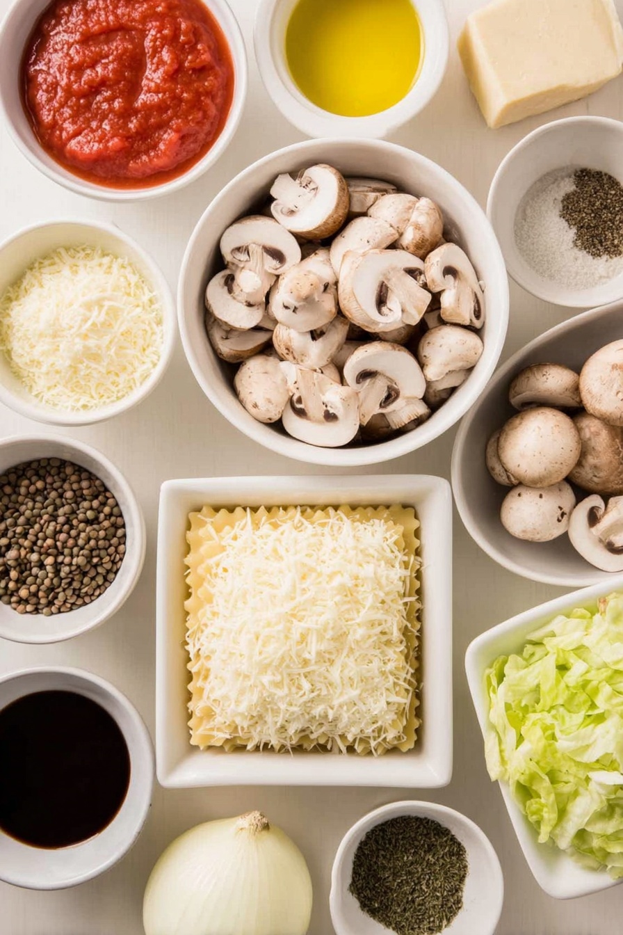 Flat lay of a medium brown onion finely chopped, a large peeled carrot finely chopped, two fresh celery stalks chopped, three whole uncracked garlic cloves, a small white bowl of olive oil, a small white bowl of butter, a heap of fresh sliced chestnut mushrooms, two fresh white ceramic bowls each filled with diced fresh tomatoes, a small white bowl of bright red tomato puree, a small white bowl of balsamic vinegar, a small white bowl of vegetable stock, a small white bowl of light soy sauce, two dried bay leaves, a small white bowl of cooked green puy lentils, a small white bowl of sea salt, a small white bowl of freshly ground black pepper, a small white bowl of dried oregano, a small white bowl of dried parsley, a small white bowl of fennel seeds, a small white bowl of Henderson's Relish, a small white bowl of plain all-purpose flour, a small white bowl of semi-skimmed milk, a small white bowl of freshly grated nutmeg, six fresh egg lasagne sheets arranged neatly, a small white bowl of grated fresh mozzarella, a small white bowl of grated mature sharp cheddar, a small white bowl of finely grated Pecorino cheese, placed on a clean white marble surface, soft natural light, photo taken with an iPhone, professional food photography style, fresh ingredients, white ceramic bowls, no bottles, no duplicates, no utensils, no packaging --ar 2:3 --v 7 --p m7354615311229779997