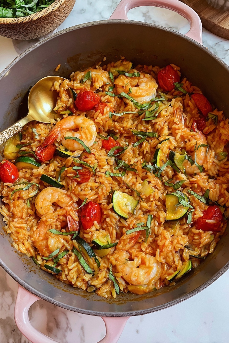 A close-up view of a large gray pot with pink handles filled with a cooked rice dish. The rice is orange and mixed evenly with pieces of cooked shrimp that are light pink and curled. There are slices of green zucchini scattered inside along with halved red cherry tomatoes. All ingredients are mixed together and topped with small green basil leaves. A gold spoon is partially submerged at the left edge of the pot. The pot is placed on a white marbled surface with a glimpse of a bowl of green herbs in the top left corner. photo taken with an iphone --ar 2:3 --v 7