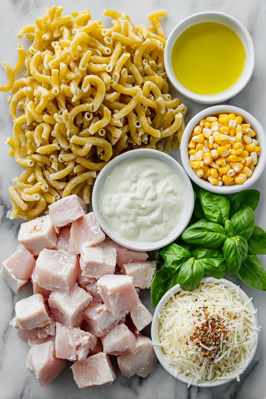 Flat lay of casarecce pasta arranged in a neat pile, a few chunks of raw boneless skinless chicken breast cut into 1-inch cubes, fresh green basil leaves, a small mound of yellow corn kernels, diced shallots in a small white ceramic bowl, a small white bowl with golden olive oil, a small white bowl filled with creamy heavy cream, shredded pale parmesan cheese loosely scattered on a white ceramic plate, and a sprinkle of mixed dried Italian seasoning and spices on the side, all placed on a clean white marble surface, soft natural light, photo taken with an iPhone, professional food photography style, fresh ingredients, white ceramic bowls, no bottles, no duplicates, no utensils, no packaging --ar 2:3 --v 7 --p m7354615311229779997