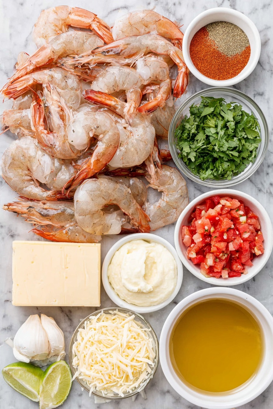 Flat lay of fresh raw large shrimp with shells removed, a small mound of bright red diced red bell pepper, a few whole cloves of garlic with papery skin, a small pile of shredded cheddar jack cheese from a block, a small pat of pale yellow butter, a few wedge-shaped lime pieces, a handful of rough chopped fresh cilantro leaves, a pinch of coarse brown sugar crystals, a small white ceramic bowl of golden olive oil, a small white ceramic bowl of creamy heavy cream, a small white ceramic bowl of light golden chicken broth, a small white ceramic bowl of bright red diced tomatoes with green chilies including their juice, a small white ceramic bowl holding a mixture of various ground spices including paprika and cayenne (representing Cajun seasoning, mustard powder, oregano, cayenne pepper, red pepper flakes) placed on a clean white marble surface, soft natural light, photo taken with an iPhone, professional food photography style, fresh ingredients, white ceramic bowls, no bottles, no duplicates, no utensils, no packaging --ar 2:3 --v 7 --p m7354615311229779997