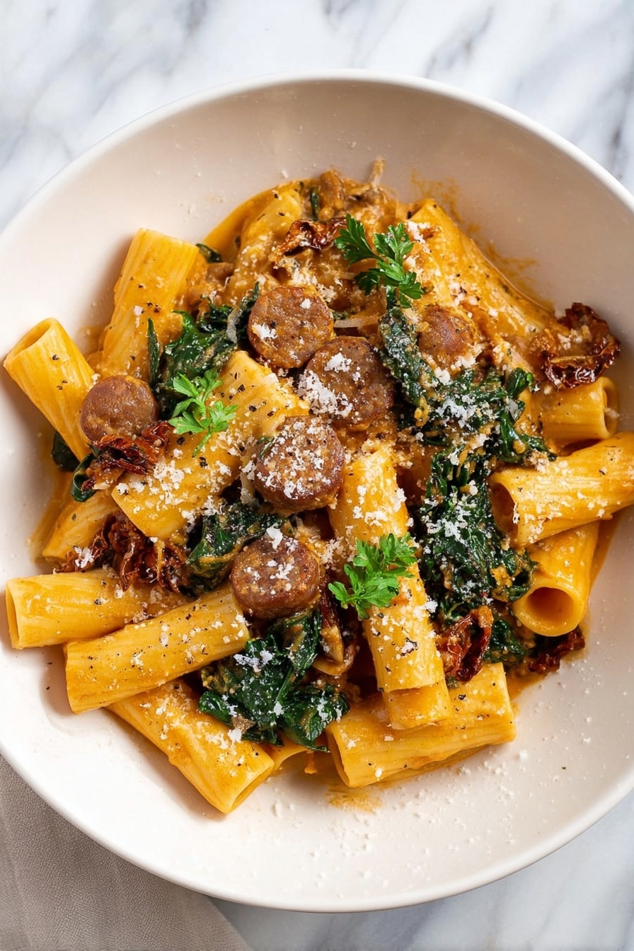 Two side-by-side images show a cooking process in a shiny metal pan on a white marbled surface. The left image has a mix of thick reddish-brown sauce spread on the pan's bottom, with a woman's hand pouring a creamy white sauce with herbs into the pan, and a blue spatula resting inside. The right image shows the same pan with a thick orange-brown sauce mixed with green spinach leaves, and chunks of food visible under the sauce, while the blue spatula stirs the mixture. photo taken with an iphone --ar 2:3 --v 7