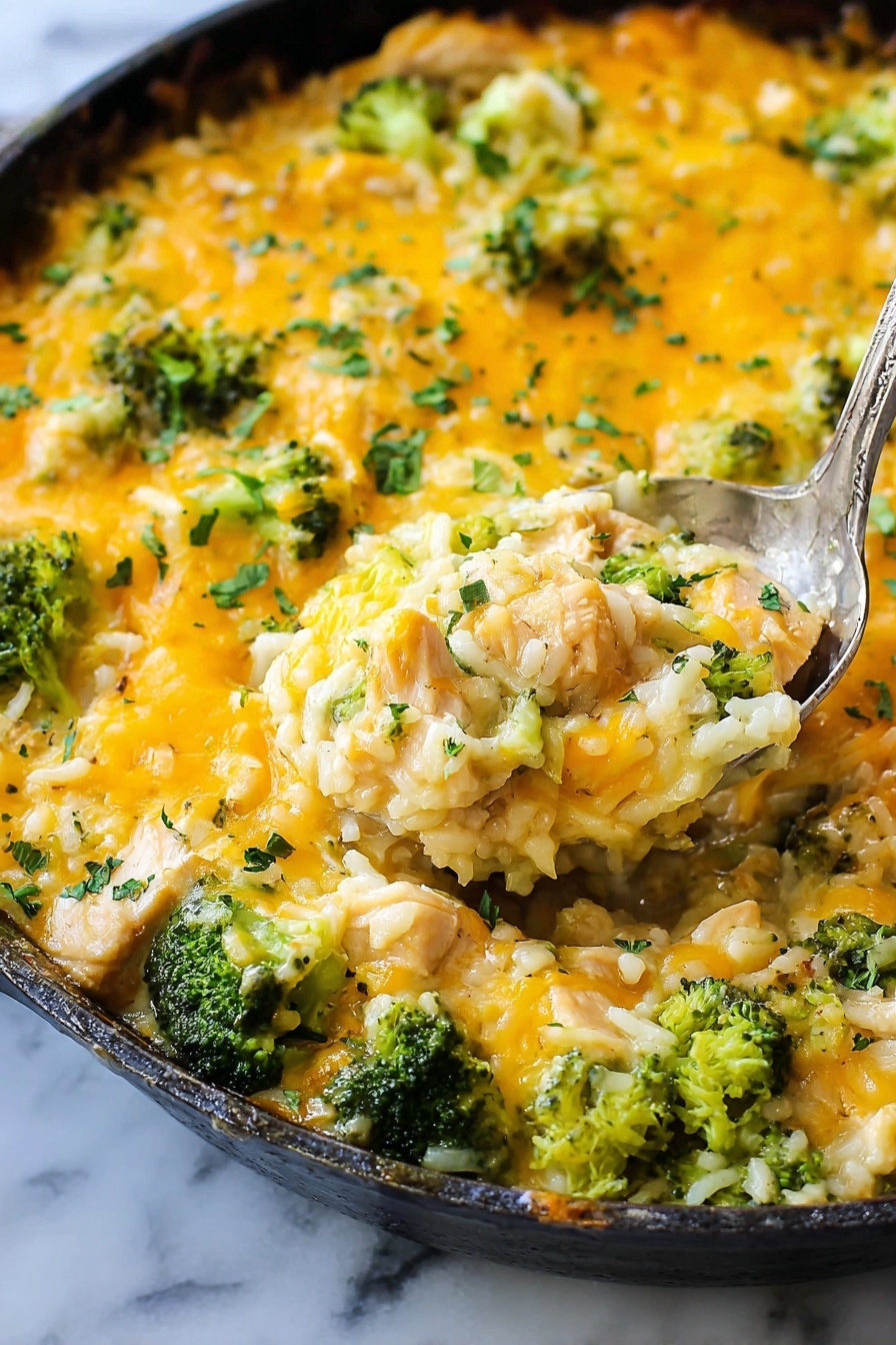 This image shows a skillet of cheesy chicken and broccoli rice bake. The first layer at the bottom is soft white rice mixed evenly with bite-sized pieces of light brown chicken. The second layer is bright green broccoli florets spread all over the dish. The top layer is melted golden-yellow cheese covering everything with little brown spots, showing it is baked. Fresh green chopped herbs are sprinkled on top, adding color contrast. A silver spoon is scooping a portion from the skillet, showing the soft and creamy texture inside. The skillet sits on a white marbled surface. Photo taken with an iphone --ar 2:3 --v 7