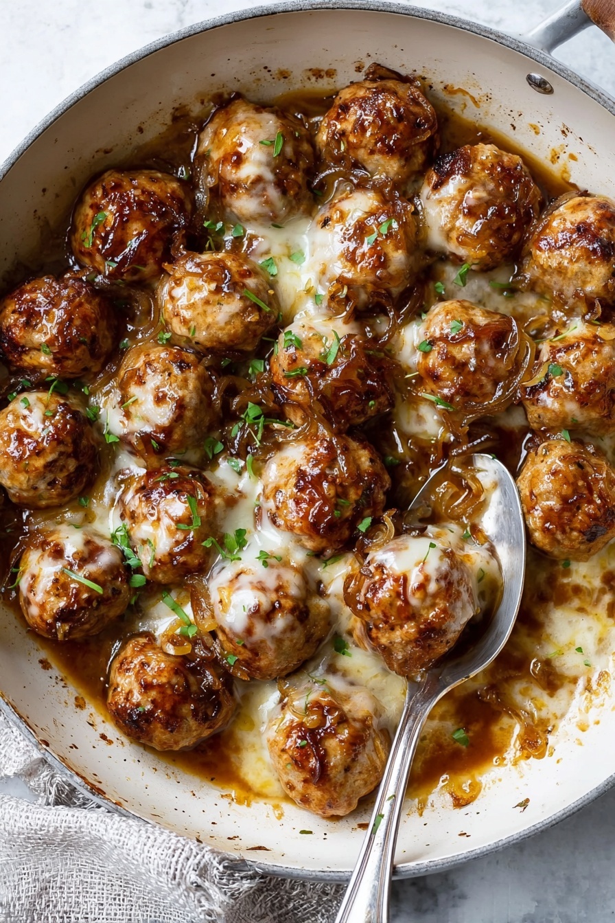 A white pan filled with many small golden brown meatballs sits on a white marbled surface. The meatballs are covered with a light layer of melted white cheese and caramelized onions that add a shiny, slightly sticky texture on top. A brown sauce surrounds the meatballs, pooling at the bottom of the pan with a few small green herb leaves scattered for color contrast. A silver spoon rests inside the pan on the right side, partially in the sauce, with some meatballs around it. The edges of the pan show slight browning from cooking. Photo taken with an iphone --ar 2:3 --v 7