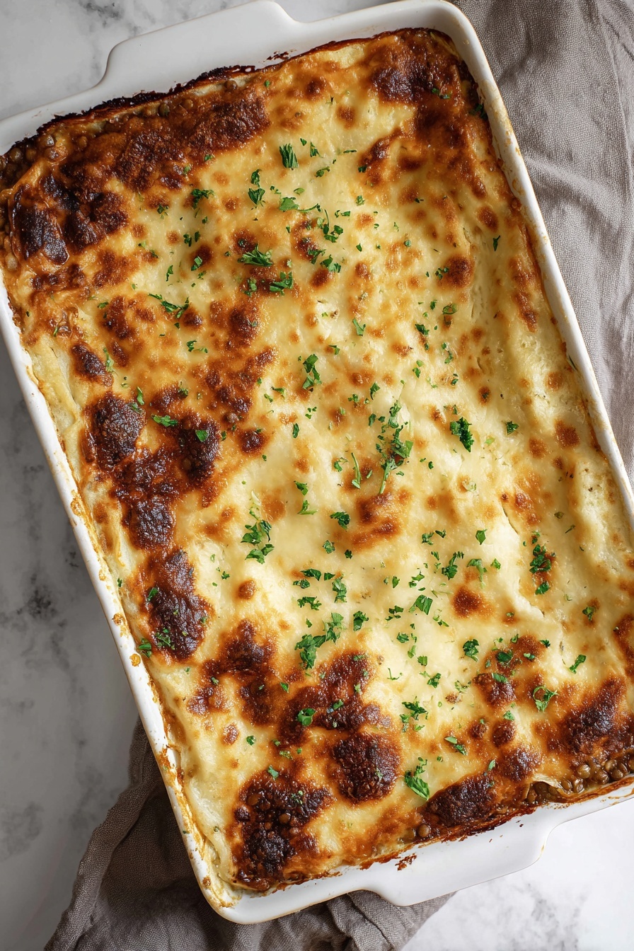 A rectangular white baking dish filled with a lasagna shows three visible layers: the top layer is golden brown with patches of dark brown crisp spots from melted cheese, sprinkled with chopped green herbs. The middle layer appears creamy and soft with white sauce peeking through the top cheese. The bottom edges show slight browning where the sauce has bubbled over the sides. The dish rests on a white marbled surface with a gray cloth partially under it. Photo taken with an iphone --ar 2:3 --v 7