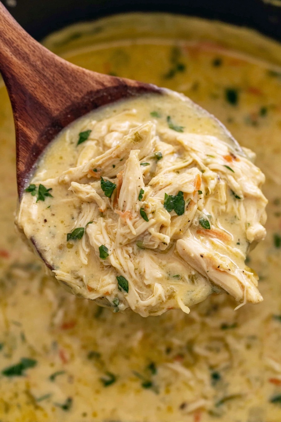 A close-up of a wooden spoon holding a thick creamy soup with shredded chicken and small pieces of vegetables in light yellow broth with some green herbs sprinkled on top. The soup shows many textures with visible chicken strands and a smooth creamy base, all sitting in a pot. The background consists of more soup with the same colors and textures on a white marbled surface. Photo taken with an iphone --ar 2:3 --v 7