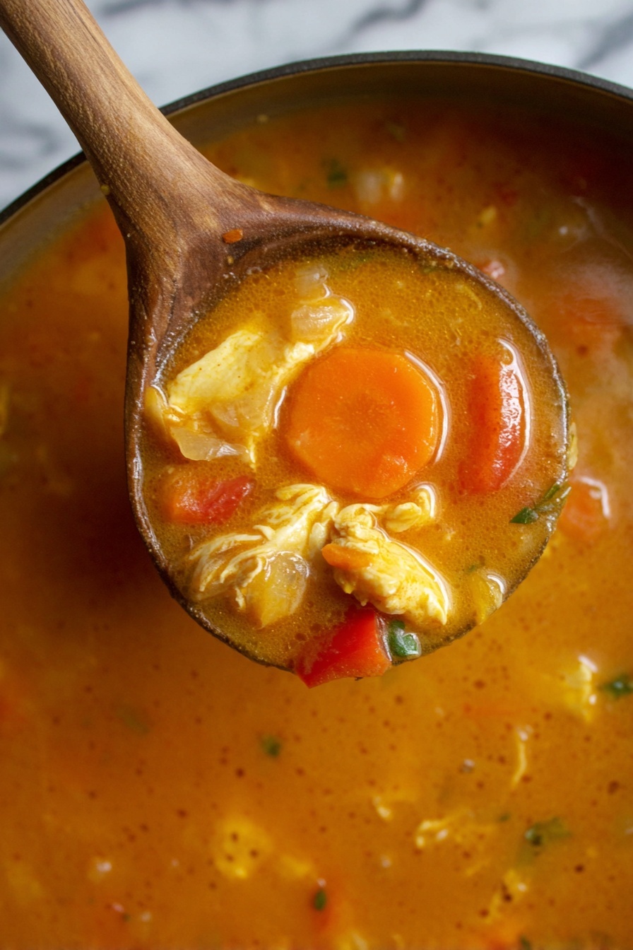 A wooden spoon is lifting a thick soup from a pot, showing layers of orange-colored broth with a smooth texture and soft shine. The soup contains chunks of creamy light yellow meat, slices of bright orange carrots with a firm texture, and pieces of red bell pepper that add a pop of color. The broth has small bubbles and a glossy surface, with small bits suspended inside, giving it a rich and hearty look. The background is a white marbled texture. photo taken with an iphone --ar 2:3 --v 7