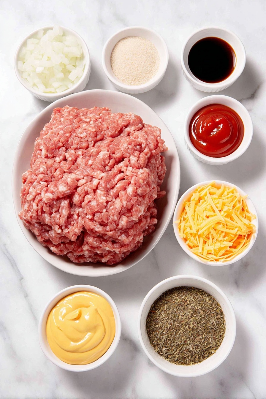 Flat lay of a small mound of fresh ground beef, a peeled small white onion finely diced in a neat pile, a small white ceramic bowl with vibrant red ketchup, another small white bowl with bright yellow mustard, a tiny white bowl containing dark Worcestershire sauce, a small heap of pale garlic powder, a separate small heap of light beige onion powder, coarse kosher salt crystals alongside freshly cracked black peppercorns scattered neatly, a small mound of shredded cheddar cheese in a warm orange-yellow hue, finely chopped fresh dill pickles in a small neat pile, twelve translucent spring roll wrappers stacked evenly, a small white bowl with smooth white flour paste, placed on a clean white marble surface, soft natural light, photo taken with an iPhone, professional food photography style, fresh ingredients, white ceramic bowls, no bottles, no duplicates, no utensils, no packaging --ar 2:3 --v 7 --p m7354615311229779997