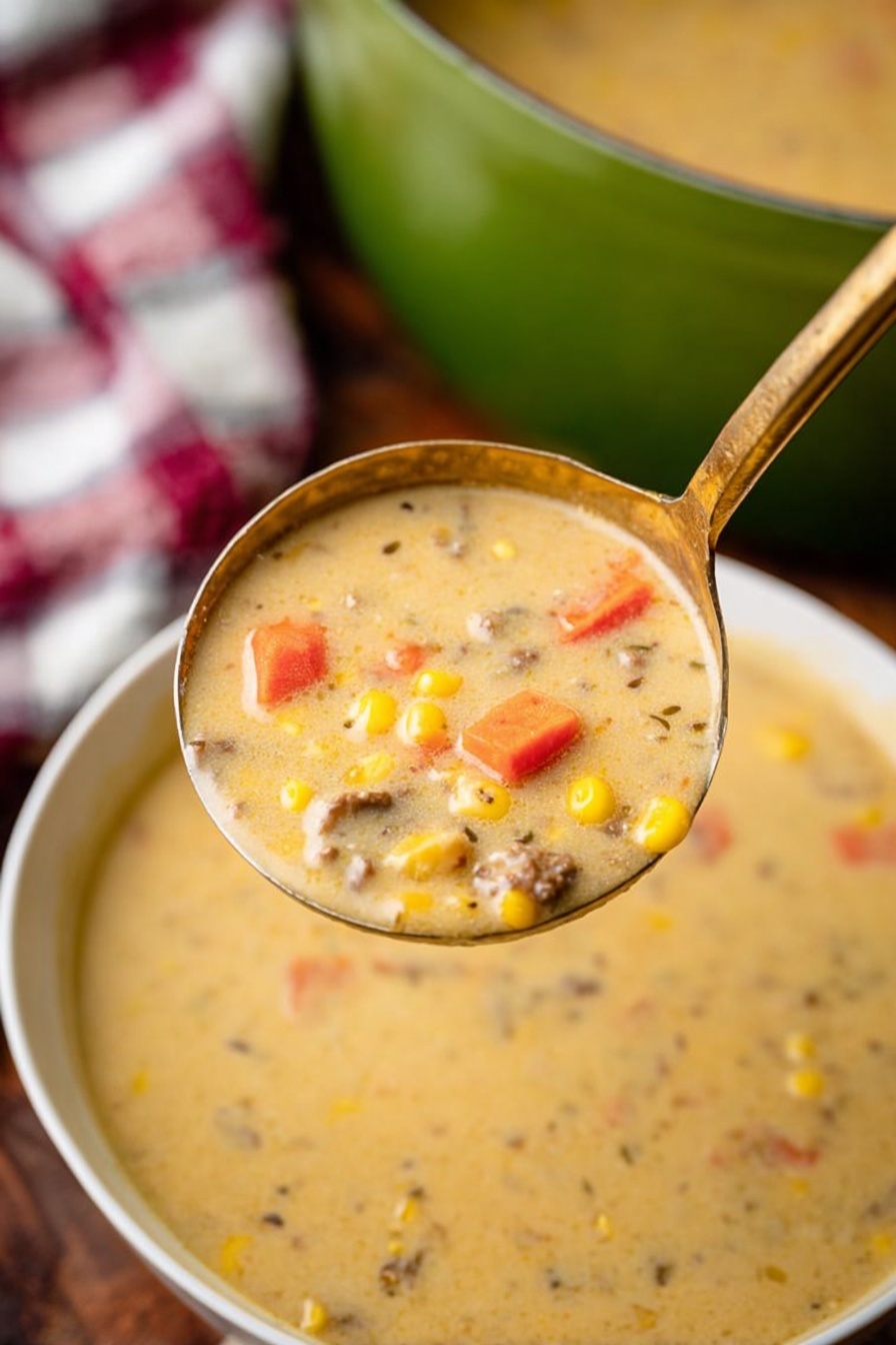 A close-up view of a spoon filled with creamy soup showing three visible layers of ingredients: small orange carrot pieces, yellow corn kernels, and tiny bits of brown meat, all mixed into a thick beige broth. Below, a white bowl holds the same soup with a smooth, creamy surface and small colorful bits scattered throughout. The background shows a red pot and a white marbled surface with a checkered cloth partly visible. Photo taken with an iphone --ar 2:3 --v 7