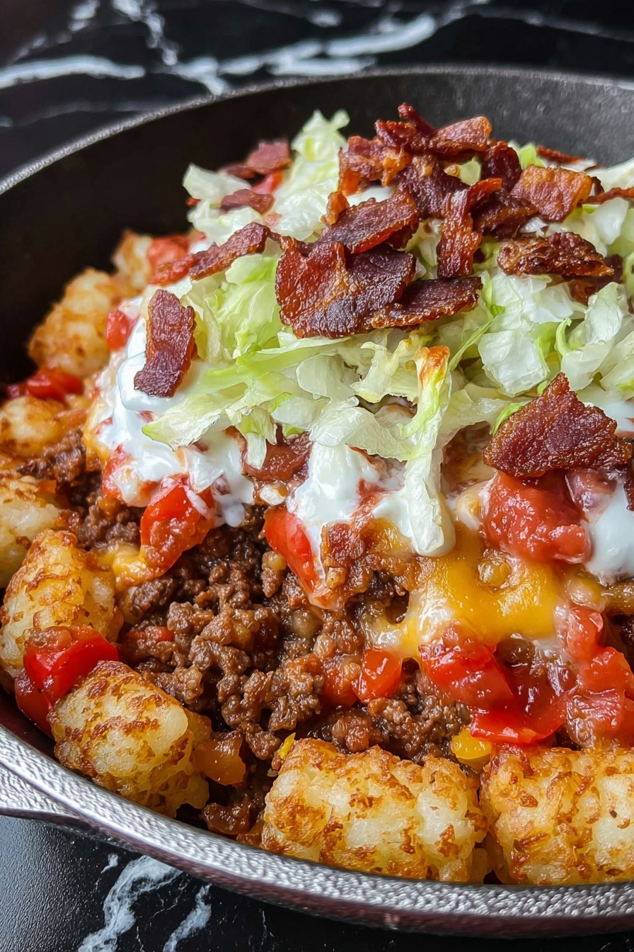 This image shows a dish in a black skillet made of many layers. The bottom layer is made of soft, cooked potatoes mixed with small pieces of red and yellow bell peppers. On top of that, there is a layer of cooked ground meat with bits of cooked onion. Above the meat, there is a layer of melted cheese that looks gooey and slightly browned. Then a layer of chunky red tomato sauce is spread on top. On the very top, shredded pale green lettuce pieces are scattered, along with dollops of white sour cream and crispy dark red bacon pieces. The dish looks warm and hearty, sitting on a surface with a white marbled texture. Photo taken with an iphone --ar 2:3 --v 7