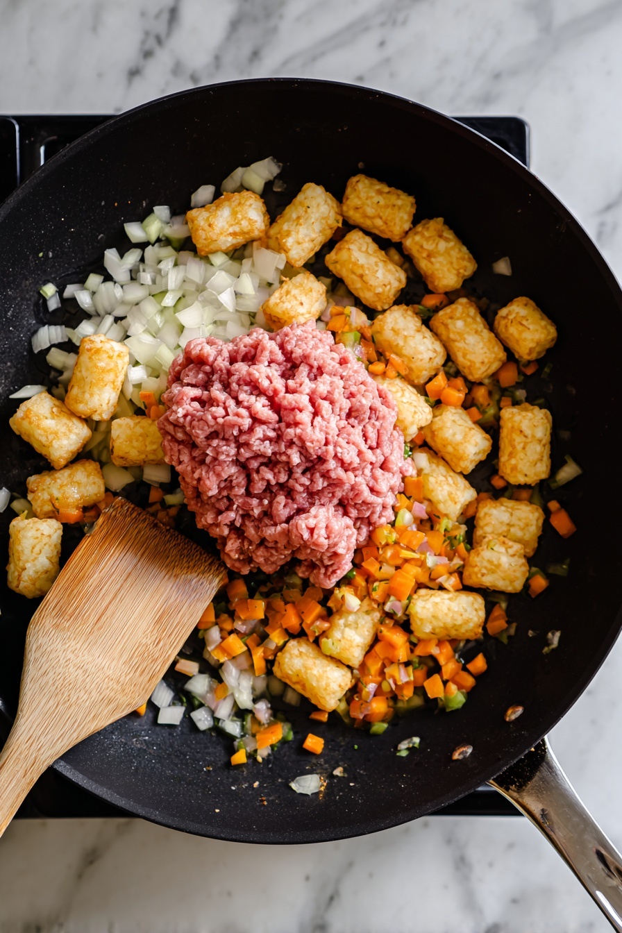 A white plate holds a dish made of golden brown tater tots at the bottom layer, topped with browned ground meat mixed with orange melted cheese, bits of chopped white onion, and a drizzle of thick dark red sauce on top. The textures include the crispy tots, crumbly meat, and smooth sauce. The background shows a black cast iron skillet on a white marbled countertop with some diced green vegetables visible in the skillet. The photo was taken with an iphone --ar 2:3 --v 7