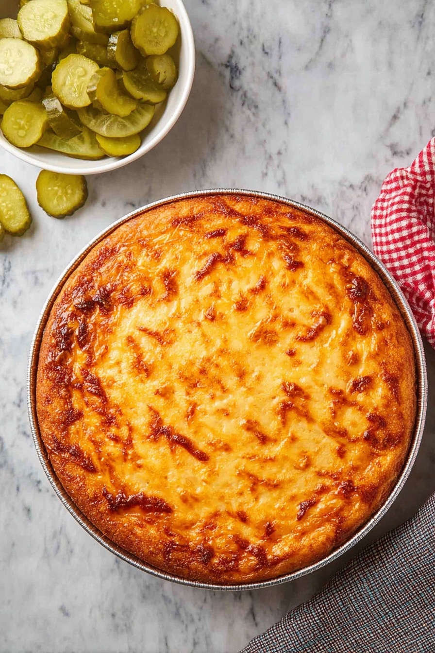 A round, golden-brown baked dish in a clear glass pie dish is shown from above. The top layer is smooth and firm, dotted with darker orange, slightly crispy lines and patches that suggest melted cheese or baked sauce. The crust is evenly browned, creating a textured edge that rises slightly around the dish. Next to the dish, a white bowl filled with sliced green pickles sits on a white marbled surface, with some pickle slices scattered nearby. A red and white checkered cloth is partly visible in the bottom right corner. Photo taken with an iphone --ar 2:3 --v 7