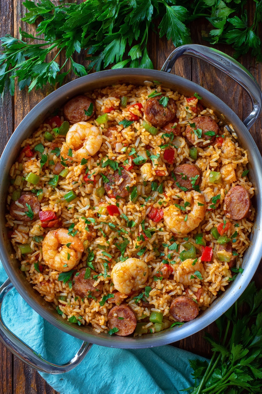 A round white pan filled with a colorful mix of cooked rice, shrimp, and sliced sausage, all mixed with green and red bell pepper pieces, onions, and small green herbs. The fried rice has a warm reddish-orange color from the spices and sauce. Around the pan, there is a light blue cloth under the handle, a white marbled surface, a wooden board with green parsley, two golden forks resting in a black bowl with a gold rim, and a gold spoon on a copper-colored dish. The scene is bright and clean, with fresh ingredients around. Photo taken with an iphone --ar 2:3 --v 7