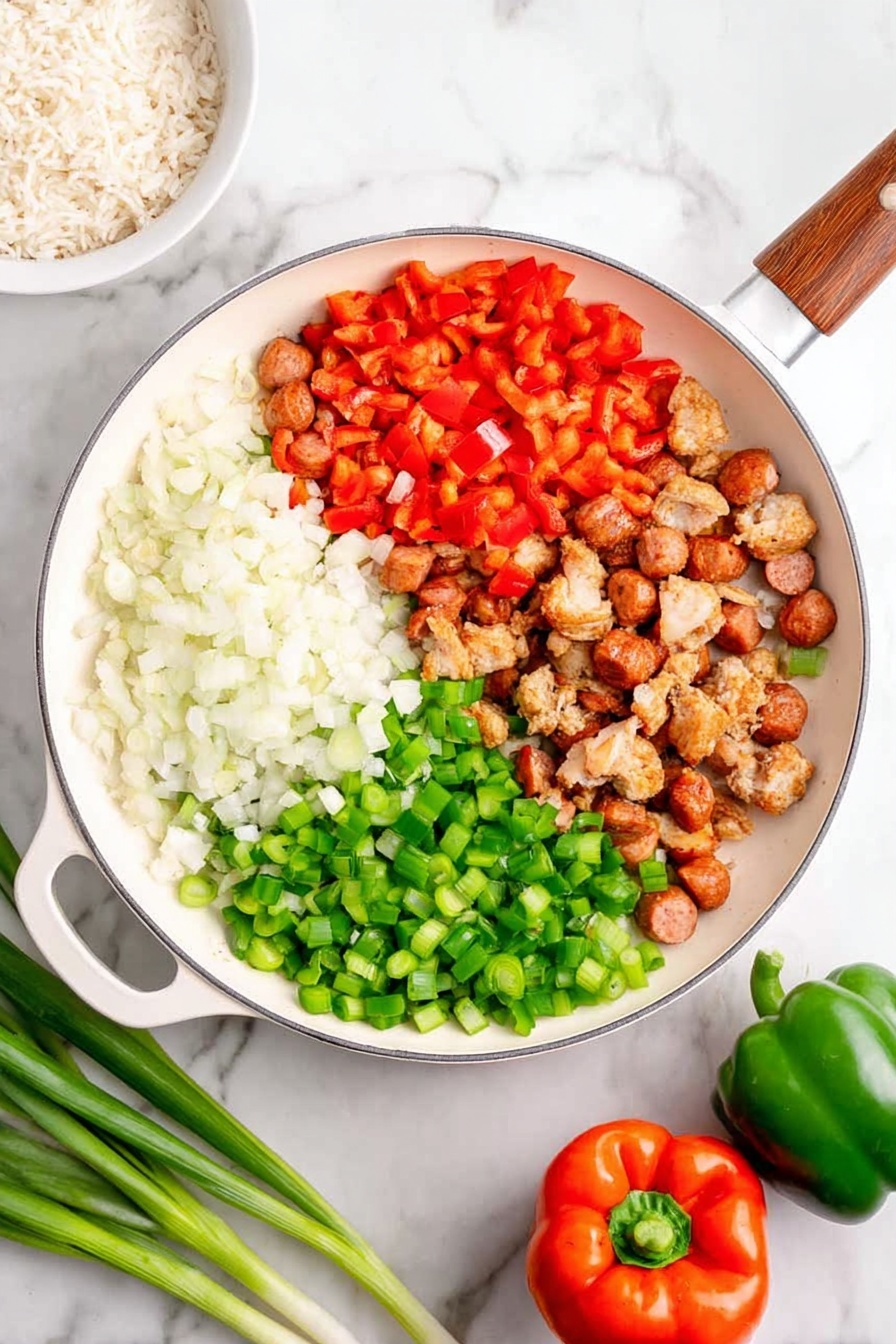 A close-up view of a white bowl filled with a colorful rice dish made of orange-colored rice mixed with small green pieces of chopped green onions, small pieces of red and green bell peppers, and browned slices of sausage. There are pieces of cooked shrimp with a light orange crust and small chunks of cooked chicken mixed in. A gold fork is lifting a piece of sausage coated in rice at the center, showing the glossy texture of the sausage and grains of rice stuck to it. The bowl is placed on a white marbled surface with a soft focused background. photo taken with an iphone --ar 2:3 --v 7