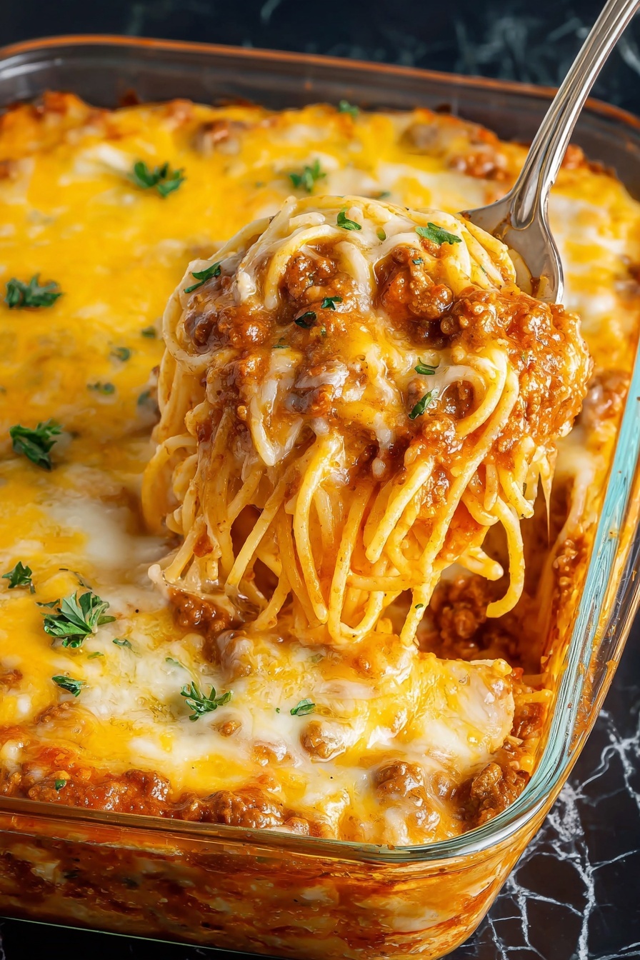 A white rectangular dish holds a baked spaghetti casserole with three visible layers: at the bottom, a brown and chunky meat sauce mixed with diced onions; in the middle, a thick layer of creamy, tangled spaghetti coated in the sauce; on top, a golden-yellow melted cheese layer sprinkled with small green parsley leaves. A blue and white patterned serving spoon lifts a portion from the dish, showing the cheese stretching over the noodles and meat below. The dish sits on a white marbled surface. photo taken with an iphone --ar 2:3 --v 7