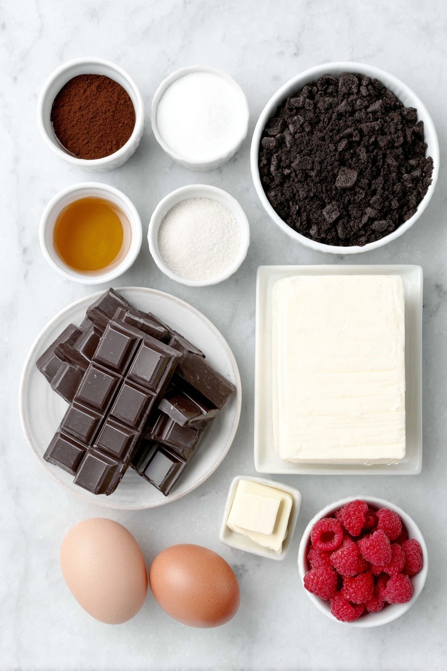 Flat lay of crushed Oreo cookie crumbs in a small white ceramic bowl, a small white bowl of melted unsalted butter, coarsely chopped semi-sweet chocolate on a white ceramic plate, a small white bowl of espresso powder, a large block of full-fat cream cheese, two small white bowls containing granulated sugar and packed light brown sugar, a small white bowl of Dutch-process cocoa powder, six whole clean brown eggs with shells, a small white bowl of heavy cream, a small white bowl of vanilla extract, fresh red raspberries scattered naturally on the surface, a small white bowl of unsalted butter cubes, placed on a clean white marble surface, soft natural light, photo taken with an iPhone, professional food photography style, fresh ingredients, white ceramic bowls, no bottles, no duplicates, no utensils, no packaging --ar 2:3 --v 7 --p m7354615311229779997
