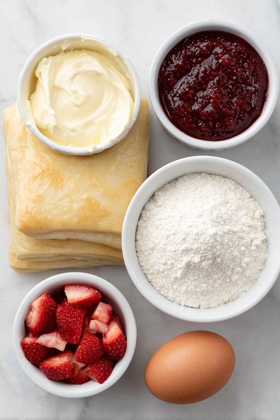 Flat lay of a sheet of golden puff pastry, a small white ceramic bowl of smooth cream cheese, a small white ceramic bowl filled with vibrant red strawberry jam, a small white ceramic bowl containing very small diced fresh strawberries, one large whole brown egg with a clean shell, a small white ceramic bowl of powdered sugar, placed on a clean white marble surface, soft natural light, photo taken with an iPhone, professional food photography style, fresh ingredients, white ceramic bowls, no bottles, no duplicates, no utensils, no packaging --ar 2:3 --v 7 --p m7354615311229779997