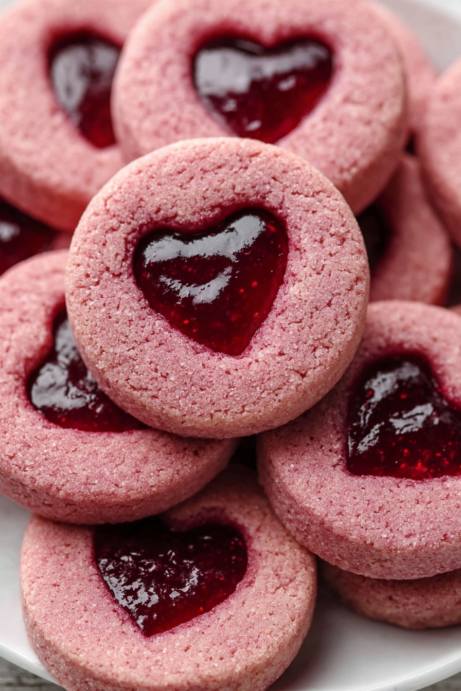 A close-up of many small round pink cookies stacked closely together, each cookie has two layers: the bottom layer is a slightly lighter pink with a smooth, soft texture, while the top layer is a deeper pink, slightly crumbly, with a heart-shaped cutout filled with shiny, deep red jelly that looks thick and smooth. The cookies sit on a white plate over a wood texture surface. photo taken with an iphone --ar 2:3 --v 7