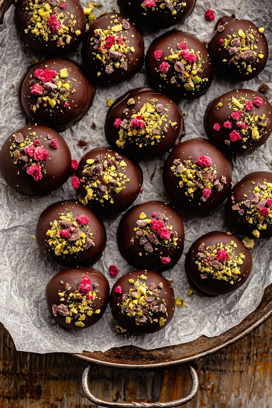 A tray lined with crinkled parchment paper holds 21 round chocolate truffles arranged closely together. Each truffle has a smooth, shiny dark chocolate coating with a thick, even layer. The truffles are topped with three different types of crunchy sprinkles: small crushed pistachio pieces in green and yellow, small dark brown cacao nibs, and bright red dried berry crumbs. The toppings are scattered mainly on the top center of each truffle, adding texture and color contrast. The tray’s edge and handles show a rustic metal look, and the background visible beyond the tray is a wood texture. photo taken with an iphone --ar 2:3 --v 7