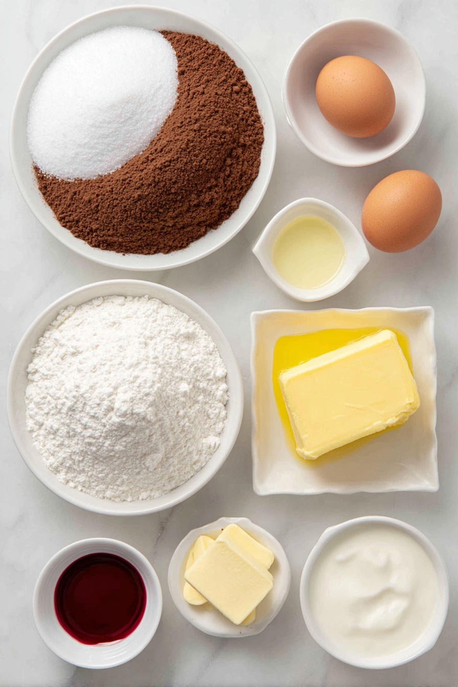 Flat lay of a small handful of unsweetened natural cocoa powder, a mound of all-purpose flour, a tablespoon of cornstarch, a sprinkle of salt, two whole uncracked brown eggs, one whole uncracked egg with a clean shell, a few tablespoons of granulated sugar in a small white ceramic bowl, a small white ceramic bowl of melted unsalted butter, a small white ceramic bowl of vegetable oil, a small white ceramic bowl of white vinegar, a small white ceramic bowl containing deep red gel food coloring, a block of soft cream cheese, a stick of unsalted butter, a small white ceramic bowl filled with powdered sugar, and a small white ceramic bowl with a splash of milk—all arranged symmetrically and balanced on a clean white marble surface, soft natural light, photo taken with an iPhone, professional food photography style, fresh ingredients, white ceramic bowls, no bottles, no duplicates, no utensils, no packaging --ar 2:3 --v 7 --p m7354615311229779997