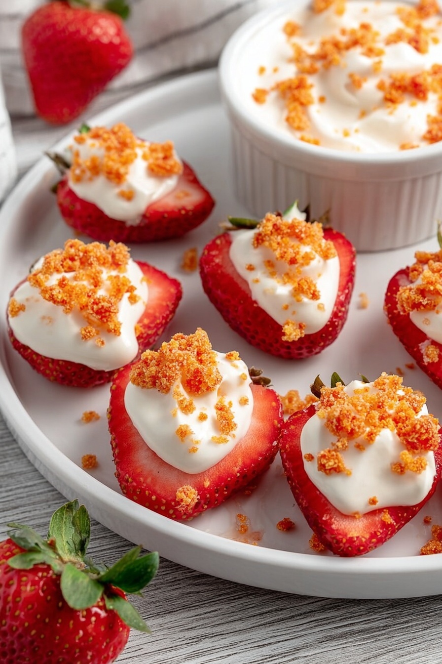 The image shows a white plate with several strawberry halves arranged in a circle along the edge. Each strawberry half is topped with a layer of smooth white cream and sprinkled with small orange crumb pieces. In the background, there is a white bowl filled with more cream, also sprinkled with the orange crumbs. The plate is placed on a wood textured surface, and a whole strawberry with its green leaves is near the plate. The overall look is fresh and colorful, with bright red strawberries, white cream, and crunchy orange topping visible. photo taken with an iphone --ar 2:3 --v 7