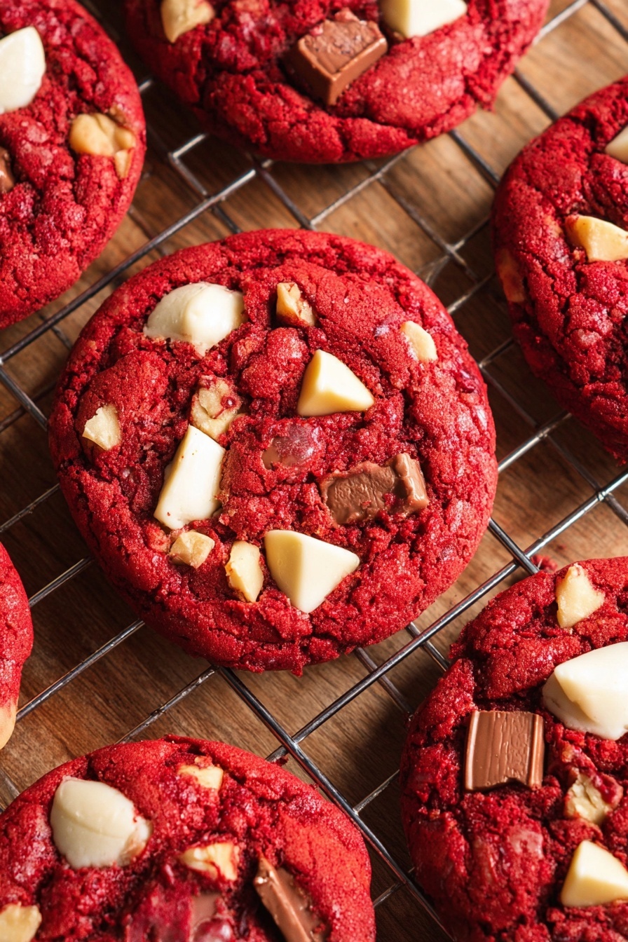 The image shows a close-up of several vibrant red cookies arranged on a metal cooling rack over a wood surface. Each cookie has a slightly cracked texture with chunks of smooth milk chocolate and white pieces, likely white chocolate or nuts, scattered unevenly on top. The rich red color of the cookie base contrasts with the lighter cream and caramel tones of the chocolate chunks. The cookies look soft and thick, with a slightly rough surface and irregular edges, creating a homemade feel. Photo taken with an iphone --ar 2:3 --v 7