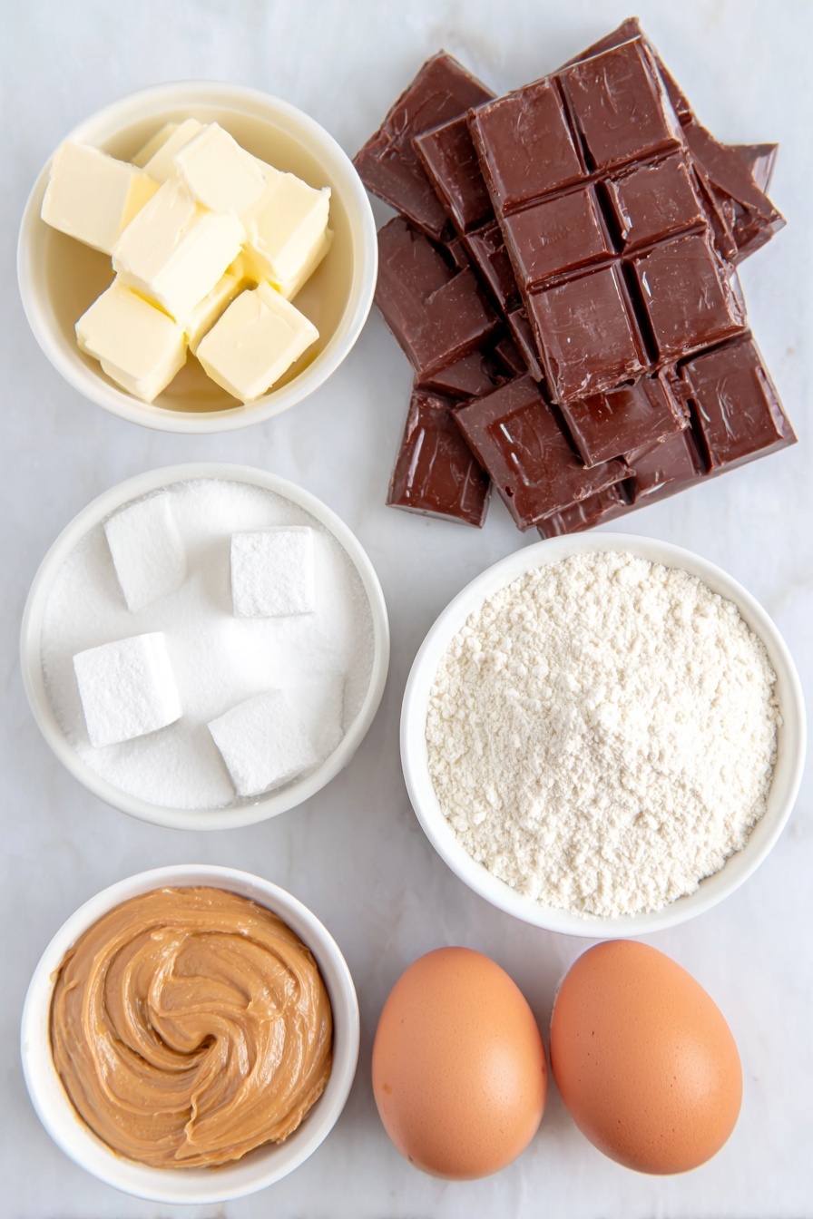 Flat lay of coarsely chopped glossy semi-sweet chocolate chunks, a small white ceramic bowl with smooth unsalted butter cubes, a small white ceramic bowl holding spooned and leveled all-purpose flour, a small white ceramic bowl filled with fine confectioners’ sugar, a tiny white ceramic bowl with a pinch of salt, two whole large brown eggs with clean shells, two additional whole large egg yolks with clean shells next to the eggs, a small white ceramic bowl of creamy peanut butter with a silky texture, all ingredients arranged symmetrically on a clean white marble surface, soft natural light, photo taken with an iPhone, professional food photography style, fresh ingredients, white ceramic bowls, no bottles, no duplicates, no utensils, no packaging --ar 2:3 --v 7 --p m7354615311229779997