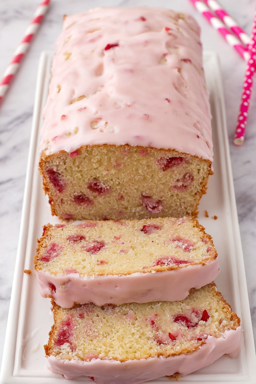 The image shows a loaf cake placed on a white rectangular plate over a white marbled surface. The cake has two visible layers: the bottom layer is a light golden-brown textured cake with small pieces of red fruit evenly spread inside, and the top layer is a smooth, pale pink icing with small bits of red fruit embedded. Two slices are cut and laid in front of the cake, showing the inside texture clearly while the icing lightly coats the sides of the slices. In the background, there are pink and white polka dot and striped paper straws arranged casually. Photo taken with an iphone --ar 2:3 --v 7
