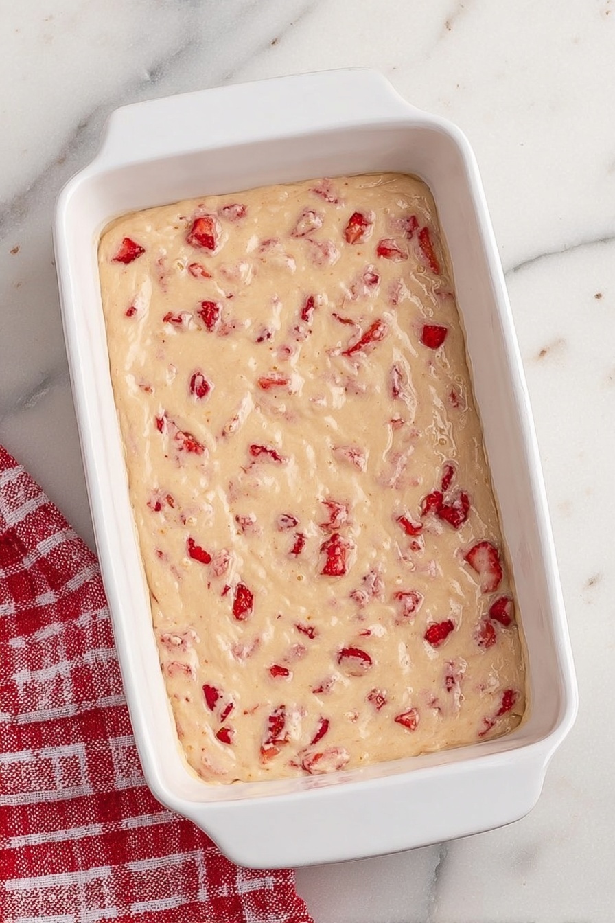 A three-layer dessert sits on a white plate, each thick layer coated with a pale pink, smooth glaze that has small bits of red strawberries embedded within and some crumbs scattered on top. The layers look soft and moist with a crumbly texture on the topmost layer. In the background, fresh strawberries in a white colander and more loose strawberries add a pop of red color, all set on a white marbled surface with a red and white striped cloth partially visible in the front. The photo taken with an iphone --ar 2:3 --v 7