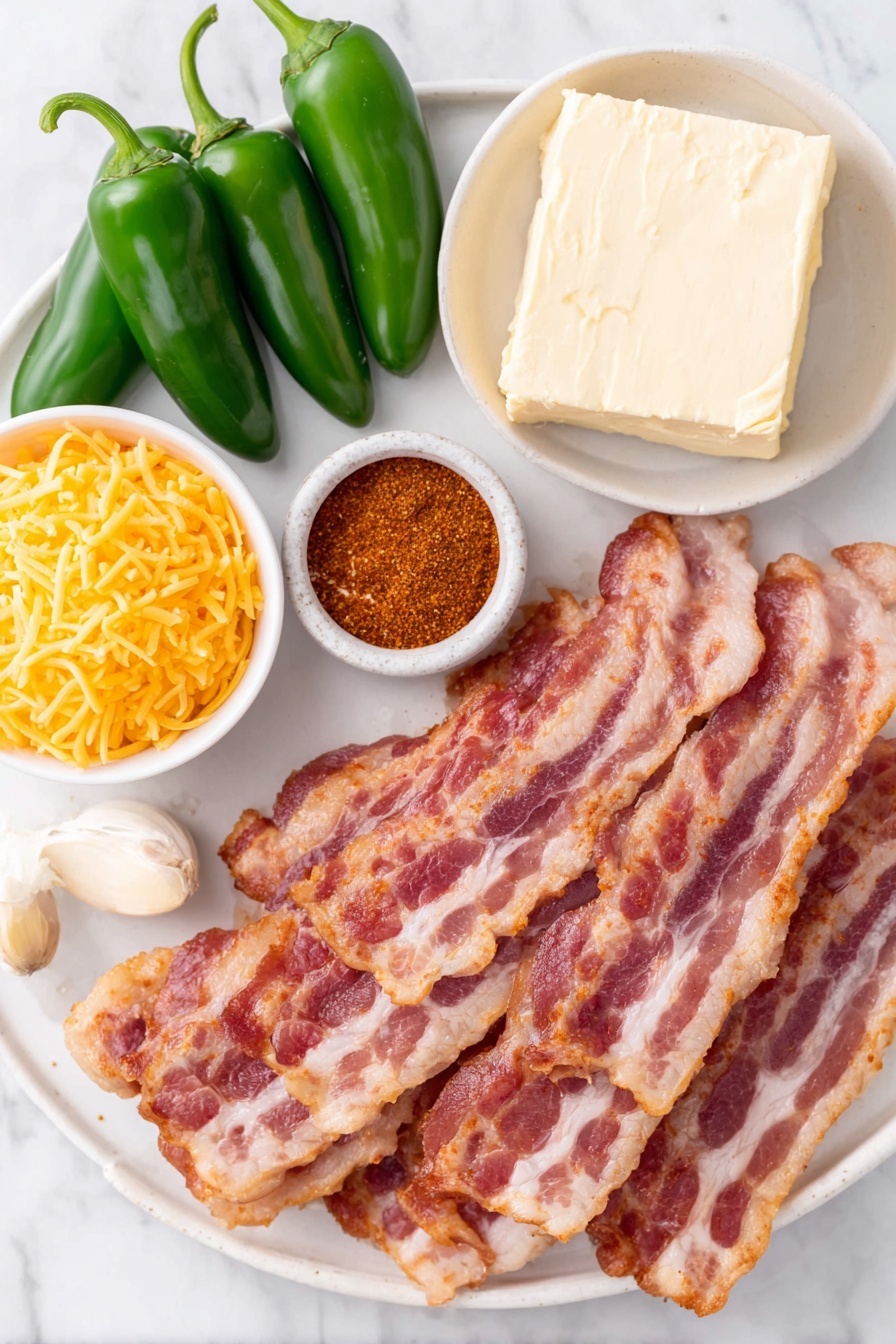 Flat lay of fresh whole jalapeño peppers with smooth green skin, a block of creamy full-fat cream cheese, a small mound of bright shredded cheddar cheese, a single peeled garlic clove, a small white ceramic bowl containing smoked paprika powder, and several uncooked strips of raw bacon with visible marbling arranged neatly, all placed on a simple white ceramic plate and bowl, placed on a clean white marble surface, soft natural light, photo taken with an iPhone, professional food photography style, fresh ingredients, white ceramic bowls, no bottles, no duplicates, no utensils, no packaging --ar 2:3 --v 7 --p m7354615311229779997
