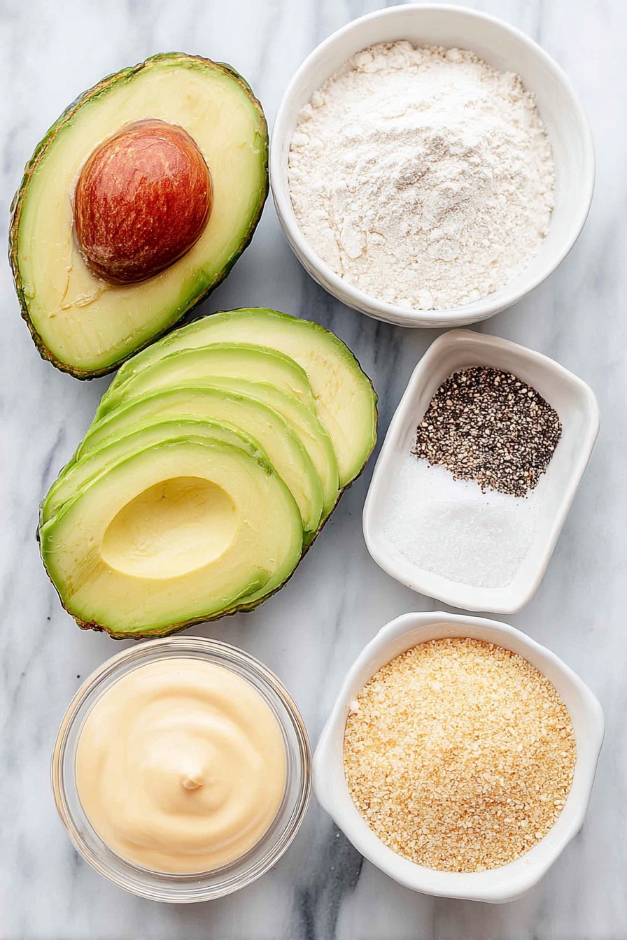 Flat lay of a ripe but slightly firm whole avocado sliced into thin wedges, a small white ceramic bowl of all-purpose flour, a small white ceramic bowl with fine sea salt and black pepper sprinkled on top, a small white ceramic bowl of plain unsweetened non-dairy milk, a small white ceramic bowl filled with golden panko breadcrumbs, and a small white ceramic bowl of creamy chipotle mayo, all arranged symmetrically and balanced, placed on a clean white marble surface, soft natural light, photo taken with an iPhone, professional food photography style, fresh ingredients, white ceramic bowls, no bottles, no duplicates, no utensils, no packaging --ar 2:3 --v 7 --p m7354615311229779997