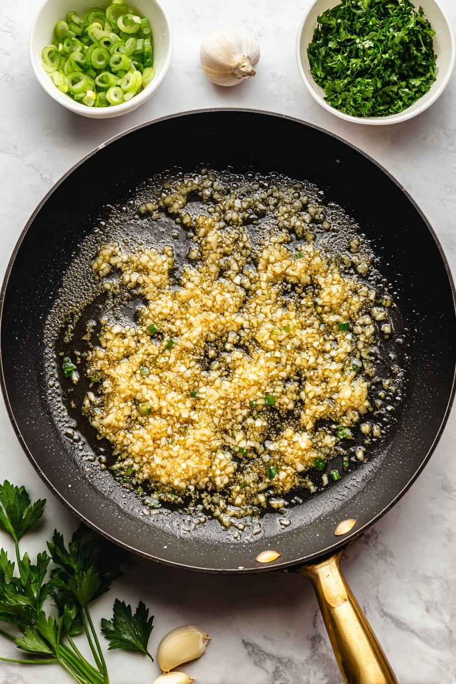 The image shows a round dark gray plate filled with many pieces of cooked beef coated with a shiny sauce, chopped garlic, and green herbs. The beef pieces are brown with some charred edges, showing a juicy texture. There are small slices of green onions scattered on top of the meat. Beside the plate, to the top left, there are fresh green parsley leaves, and a silver fork rests on the plate’s left side. The background is a white marbled surface with a beige cloth partially shown at the bottom left corner. Photo taken with an iphone --ar 2:3 --v 7