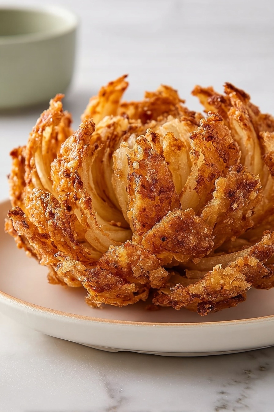 The image shows a golden brown fried onion with multiple layers that are crispy and separated, fanning out like a flower while staying together at the base. Each layer has a crunch-textured surface with a mix of darker and lighter brown colors from frying. The onion is placed on a simple white plate, with a white marbled surface underneath, creating a clean and bright background. The focus is on the onion's intricate, crunchy layers and the slight shine from the oil. photo taken with an iphone --ar 2:3 --v 7