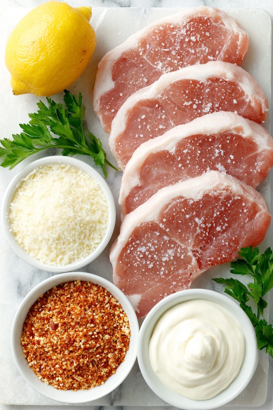 Flat lay of four boneless pork chops with a light dusting of salt and pepper, a small white bowl of plain golden breadcrumbs mixed with reddish smoked paprika and specks of black pepper, a small white bowl filled with creamy white mayonnaise, a small white bowl of finely grated pale yellow Parmesan cheese, a whole fresh lemon cut into bright yellow wedges, and a few sprigs of vibrant green parsley, all arranged symmetrically on a rimmed white ceramic baking sheet, placed on a clean white marble surface, soft natural light, photo taken with an iPhone, professional food photography style, fresh ingredients, white ceramic bowls, no bottles, no duplicates, no utensils, no packaging --ar 2:3 --v 7 --p m7354615311229779997