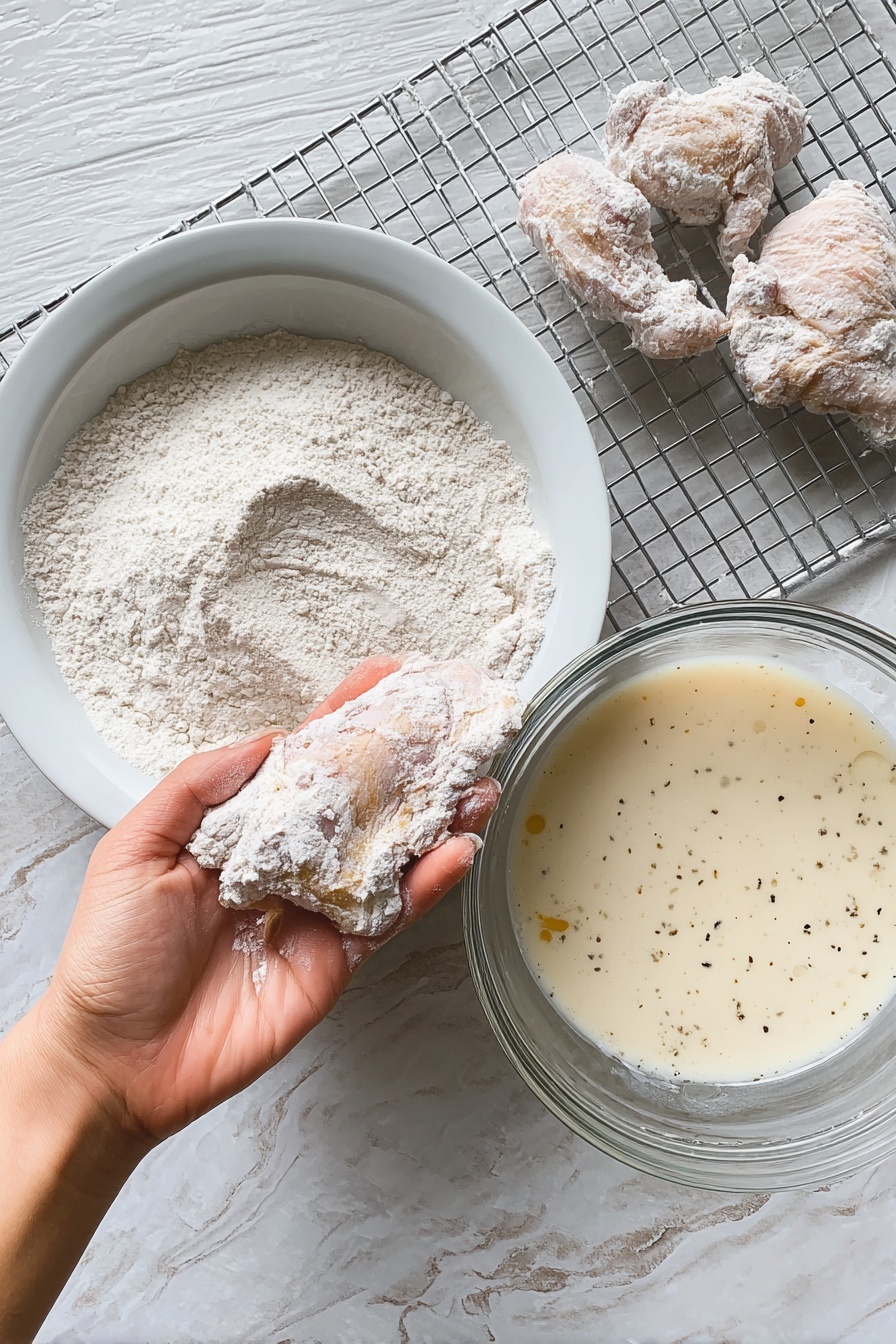 A close-up of a sandwich held by a woman's hand showing three layers: a golden brown soft bun on top, a layer of light green and orange coleslaw with thin cabbage and carrot strips, and a crispy golden fried patty with rough textured crust resting on a layer of light orange sauce above the bottom bun. The background has blurred similar sandwiches on a white marbled surface. Photo taken with an iphone --ar 2:3 --v 7