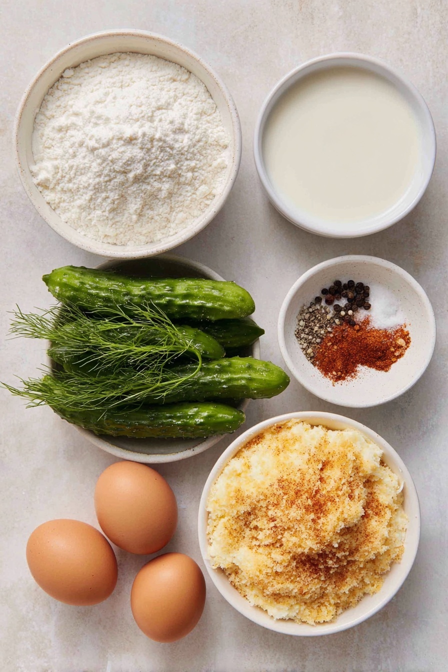 Flat lay of fresh green dill pickle spears, a small white ceramic bowl of fine all-purpose flour, two whole brown eggs with clean shells, a small white ceramic bowl of fresh milk, a small white ceramic bowl filled with golden panko bread crumbs mixed with a sprinkle of bright red paprika, coarse salt crystals, and cracked black peppercorns, all arranged symmetrically on a clean white marble surface, soft natural light, photo taken with an iPhone, professional food photography style, fresh ingredients, white ceramic bowls, no bottles, no duplicates, no utensils, no packaging --ar 2:3 --v 7 --p m7354615311229779997