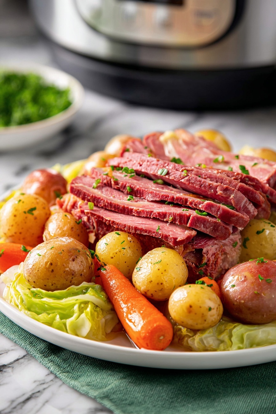 The dish shows a white plate filled with four main layers: the bottom layer has soft green cabbage leaves, above them is a thick layer of reddish-pink sliced meat with visible grain and slight marbling, topped around the meat are bright orange carrots and small golden-brown baby potatoes with a shiny, slightly oily texture, all sprinkled lightly with small green herb pieces. The plate sits on a green cloth on a white marbled surface, with a blurred stainless steel appliance in the background. Photo taken with an iphone --ar 2:3 --v 7