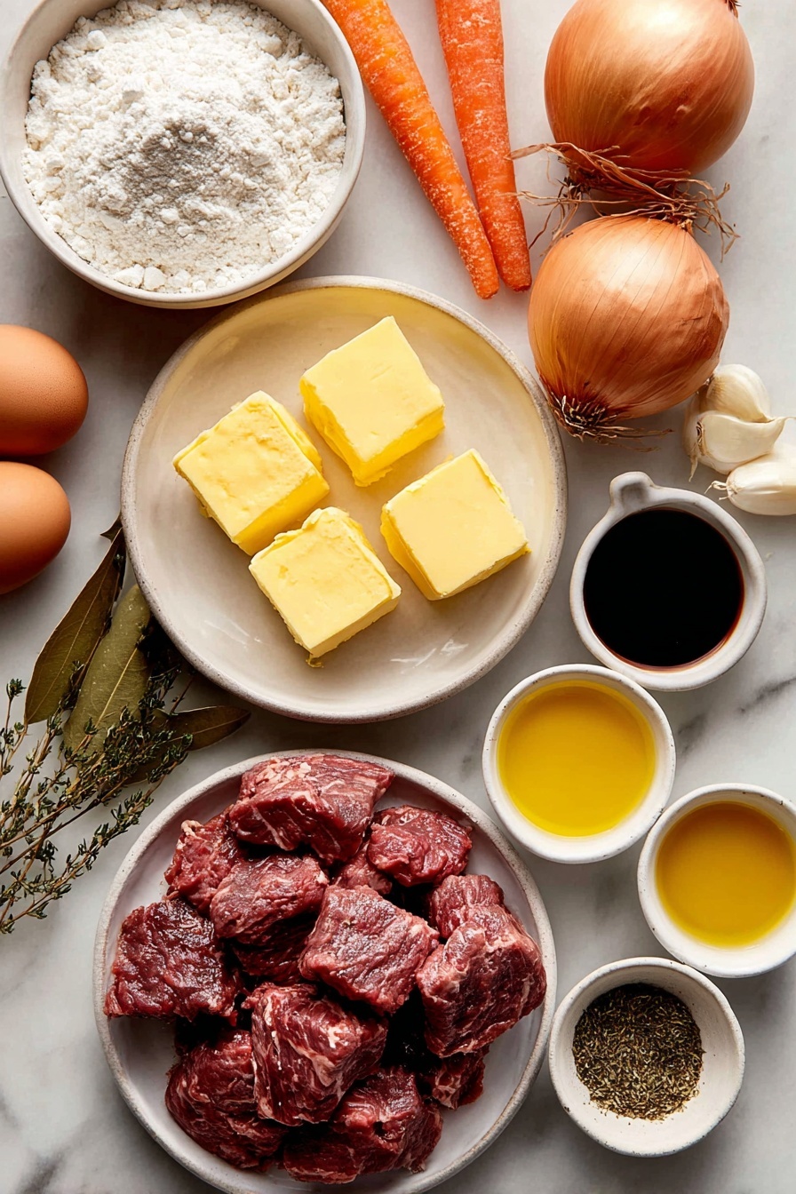 Flat lay of a small white ceramic bowl of plain flour, a small white ceramic bowl with cold cubed unsalted butter, two whole uncracked brown eggs, two whole fresh onions with peels, two peeled fresh carrots, a small white ceramic bowl of golden olive oil, a small white ceramic bowl of dark Worcestershire sauce, two fresh glossy bay leaves, a small white ceramic bowl of rich dark ale, a small white ceramic bowl of beef stock, a pile of fresh raw stewing steak chunks seasoned with salt and pepper, and a small white ceramic bowl of dried thyme, placed on a clean white marble surface, soft natural light, photo taken with an iPhone, professional food photography style, fresh ingredients, white ceramic bowls, no bottles, no duplicates, no utensils, no packaging --ar 2:3 --v 7 --p m7354615311229779997