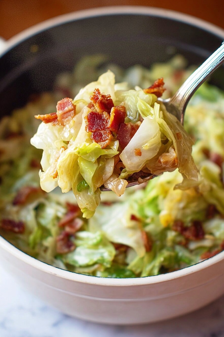 A silver pan filled with small pieces of cooked bacon that are crispy and reddish-brown, sizzling with some bubbling grease around them. A silver slotted spoon is resting inside the pan, lifting some bacon pieces. The pan sits on a white marbled surface, with browned bits stuck to the pan's base, adding texture and color contrast. photo taken with an iphone --ar 2:3 --v 7