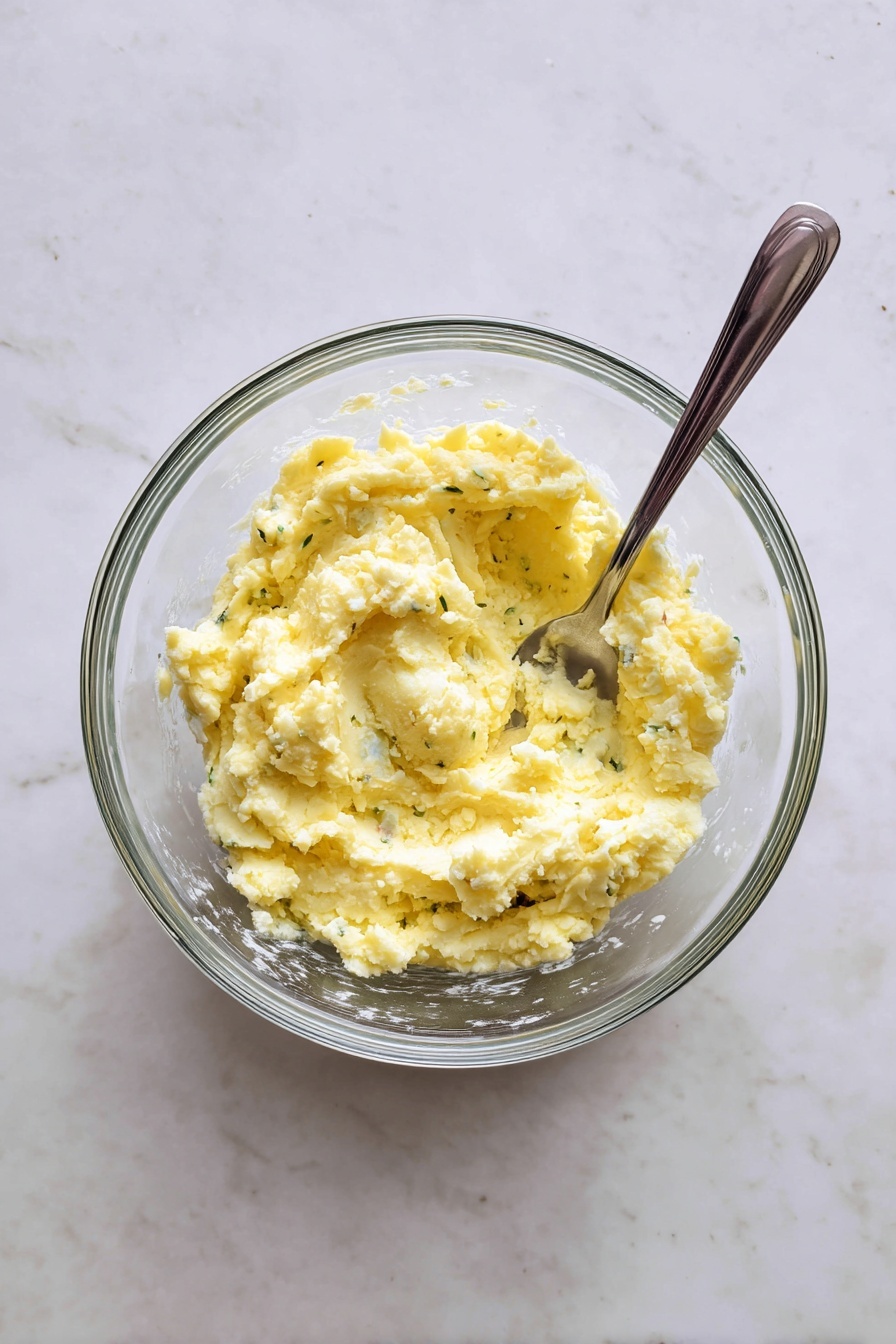 A white plate holds a stack of five golden brown potato pancakes with crispy edges, showing a rough texture from grated potatoes. The pancakes are topped with a small dollop of white sour cream in the center and sprinkled with bright green chopped scallions. The plate sits on a dark blue cloth napkin folded neatly on top of a wooden surface, with a fork lying next to the plate. Scallion pieces are scattered around the plate on the wooden surface. Photo taken with an iphone --ar 2:3 --v 7