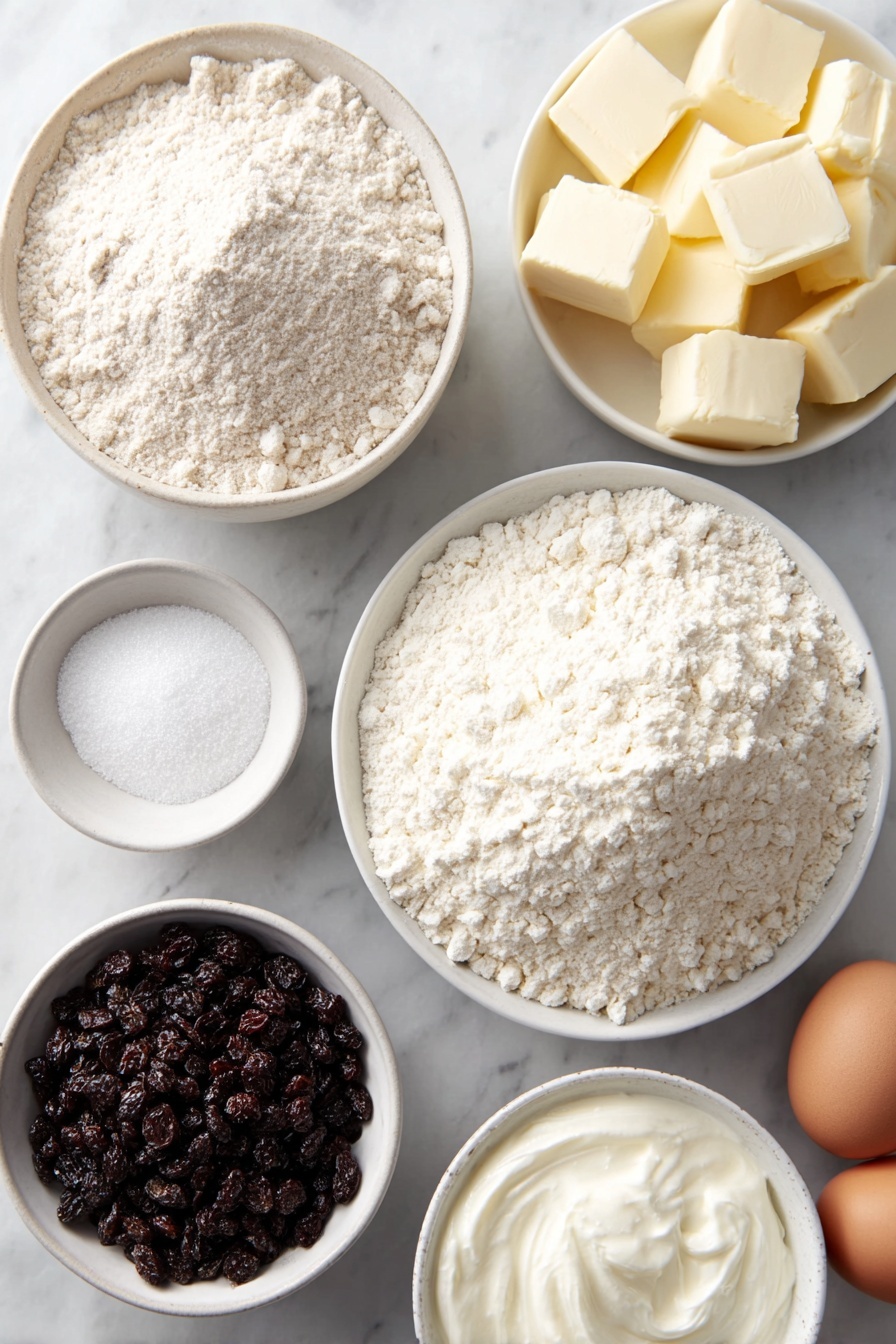 Flat lay of four cups of all-purpose flour in a simple white ceramic bowl, three tablespoons of granulated sugar in a small white bowl, two tablespoons of baking powder in a small white bowl, one tablespoon of salt in a small white bowl, cold unsalted butter cut into neat cubes on a white ceramic plate, a small white bowl filled with dried currants, four whole large eggs with clean shells arranged neatly, a small white bowl of heavy cream, placed on a clean white marble surface, soft natural light, photo taken with an iPhone, professional food photography style, fresh ingredients, white ceramic bowls, no bottles, no duplicates, no utensils, no packaging --ar 2:3 --v 7 --p m7354615311229779997
