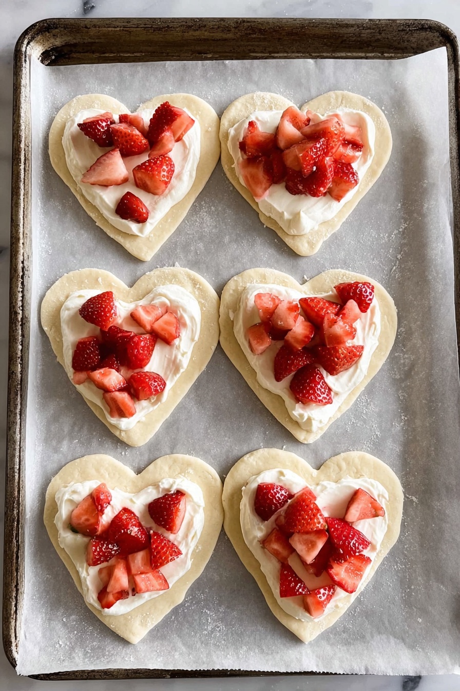 The image shows eight heart-shaped pastries arranged on a white plate. Each pastry has a golden-brown, crispy crust forming the outer layer. Inside, there is a layer of soft cream or custard topped with small, bright red pieces of strawberries, evenly spread to fill the heart shapes. A light dusting of powdered sugar is sprinkled over the pastries and plate. The plate sits on a white marbled surface, with a few whole strawberries and a deep red cloth placed around it for decoration. Photo taken with an iphone --ar 2:3 --v 7