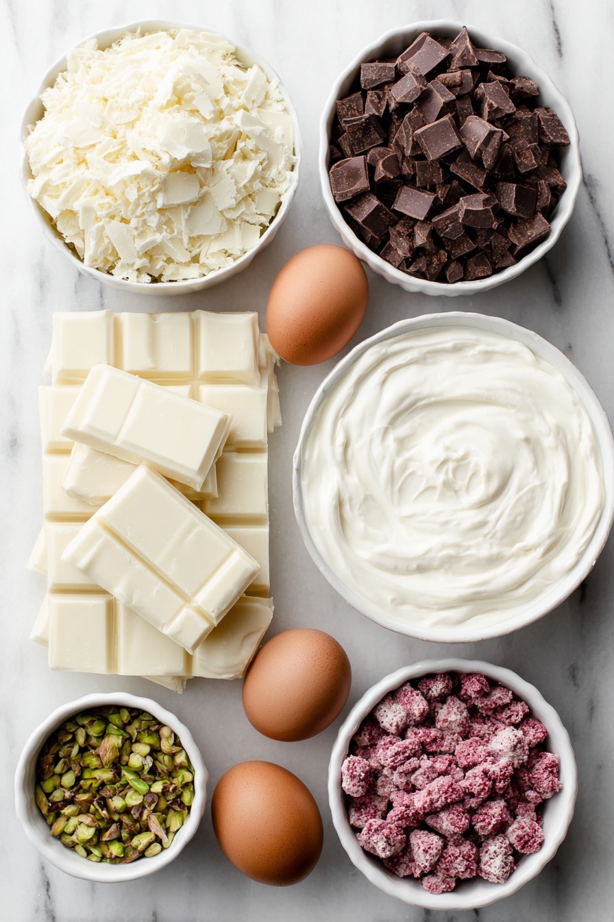 Flat lay of finely chopped white chocolate pieces arranged in a small neat pile, a small white ceramic bowl filled with smooth double cream, a small white ceramic bowl containing vibrant pink freeze dried raspberry powder, a couple of whole brown-shelled eggs clean and uncracked placed aside, a small white ceramic bowl holding finely chopped dark chocolate chunks, another small white ceramic bowl with glossy cacao nibs, a tiny pile of roughly chopped fresh green pistachios, and a small white ceramic bowl with a few whole freeze dried raspberries scattered inside, all elements spaced with perfect symmetry and balanced proportions, placed on a clean white marble surface, soft natural light, photo taken with an iPhone, professional food photography style, fresh ingredients, white ceramic bowls, no bottles, no duplicates, no utensils, no packaging --ar 2:3 --v 7 --p m7354615311229779997