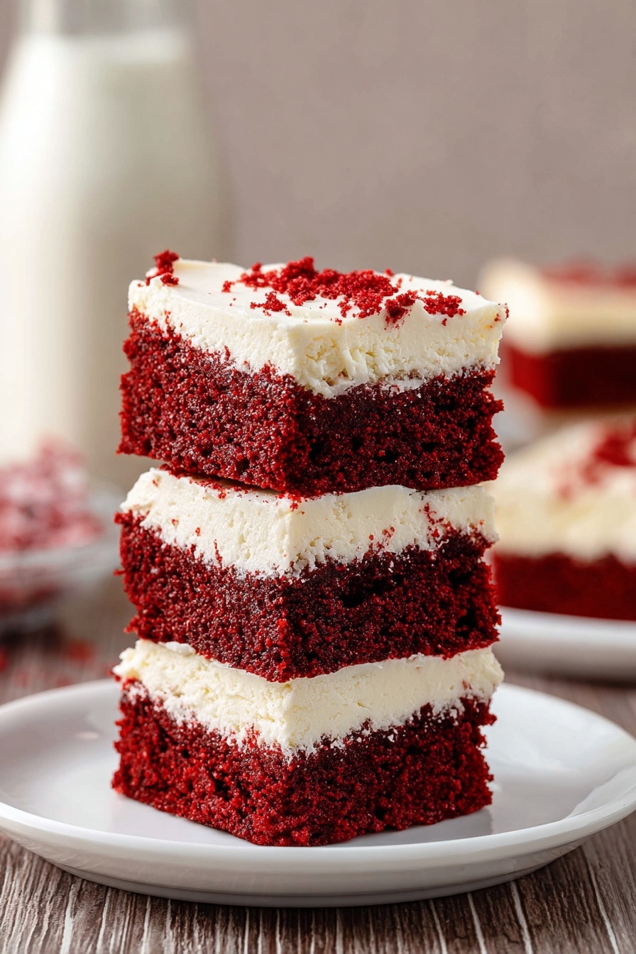 A stack of three square layered desserts sits on a white plate over a wood textured surface. Each dessert has two layers: the bottom layer is thick, rich red velvet cake with a moist and slightly crumbly texture, while the top layer is a thick, creamy white frosting with a smooth but fluffy texture and a few red velvet crumbs sprinkled on top. In the background, there is a blurred white bottle, and another similar dessert piece is also visible on the same wood textured surface. The photo taken with an iphone --ar 2:3 --v 7
