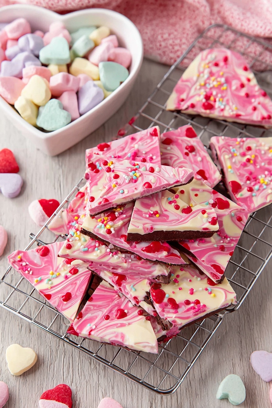 A pile of pink and white swirled candy bark broken into irregular triangular pieces sits on a silver cooling rack over a wood texture surface. The bark has a smooth, creamy texture with red, pink, white, and purple candy-coated chocolate buttons, small heart-shaped candies in pastel colors, and red and pink sprinkles scattered on top. To the left, a white heart-shaped bowl filled with pastel heart-shaped candies sits on the same surface. Some candies are scattered around the rack, adding color and festivity. The overall look is bright, sweet, and festive with a mix of soft pastel and bold red colors. photo taken with an iphone --ar 2:3 --v 7