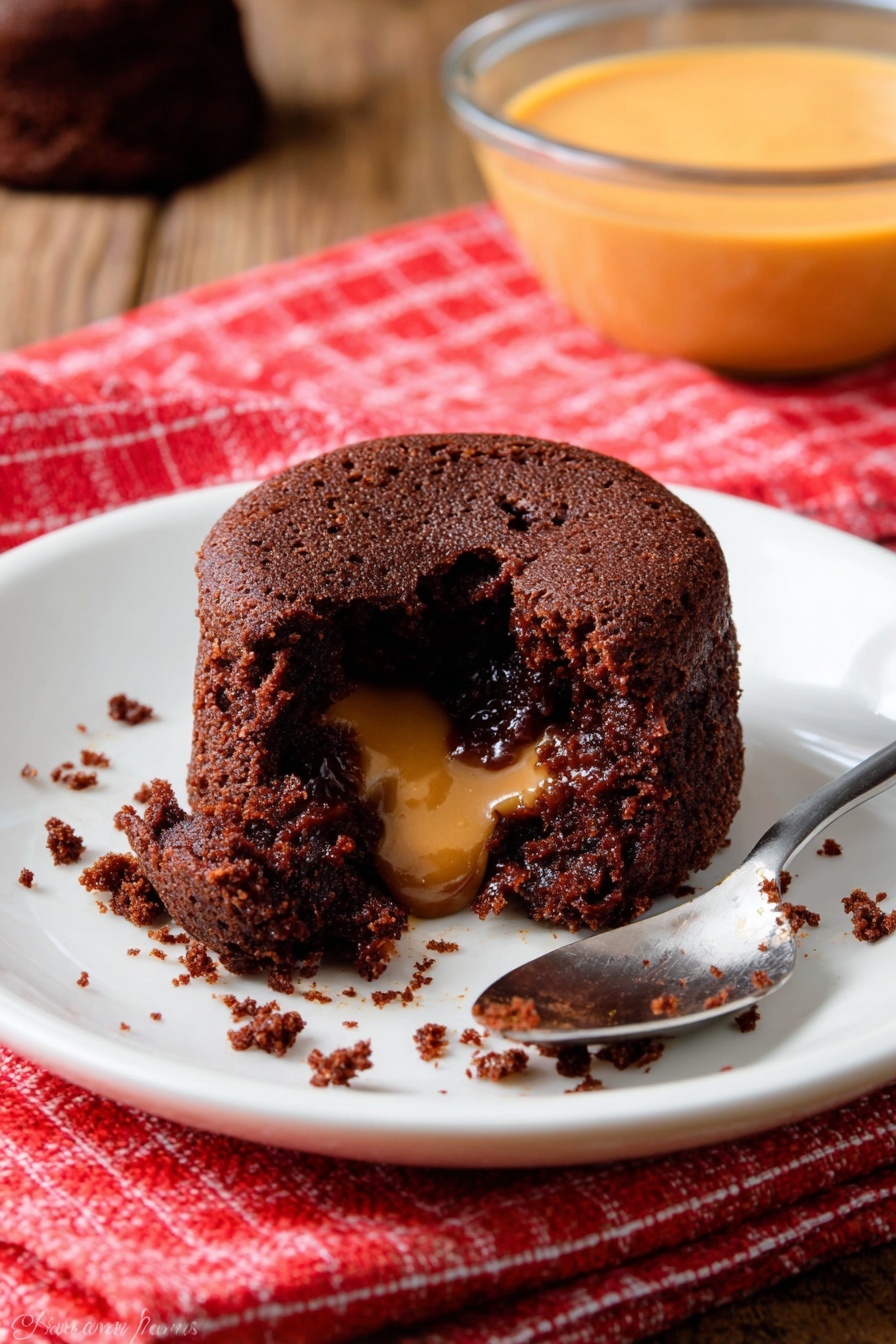 A small round chocolate cake is placed on a white plate with crumbs scattered around it. The cake is dark brown with a soft texture and a molten light brown filling oozes out from a bite taken on one side. Behind the plate, a glass bowl with an orange creamy sauce sits on a red checkered cloth on a wooden surface. A spoon with some cake crumbs rests on the edge of the plate. The photo is taken with an iphone --ar 2:3 --v 7