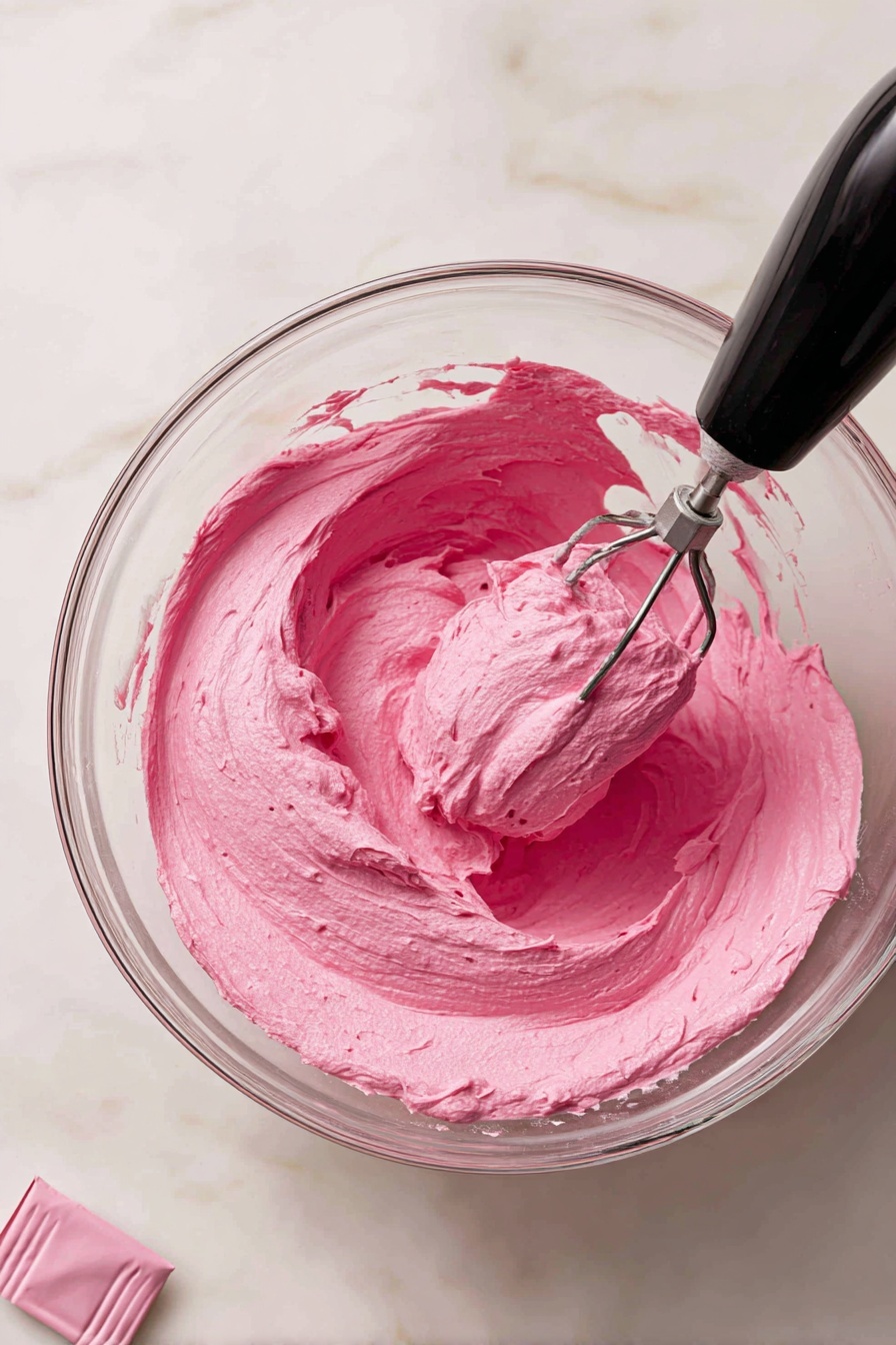 A slice of light pink mousse pie with a crumbly light brown crust sits on a white plate. It has two dollops of white whipped cream stacked on top, crowned by a bright red cherry with its stem curving upward. In the background, there is a small white bowl filled with cherries and two clear glasses containing a red drink, all set on a white marbled surface. The mousse texture looks smooth and airy with small bubbles visible on the sides. photo taken with an iphone --ar 2:3 --v 7