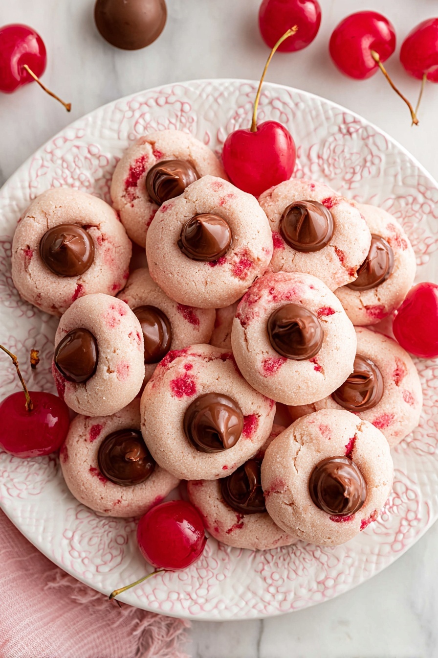 A white plate with a decorative pattern is filled with many small round pink cookies that have red flecks inside them. Each cookie has a smooth, shiny dollop of brown chocolate in the center. The cookies look soft with slight cracks on the surface. Bright red cherries with stems are scattered between the cookies, adding a fresh contrast. The plate is on a white marbled surface, and two round chocolates appear nearby. photo taken with an iphone --ar 2:3 --v 7
